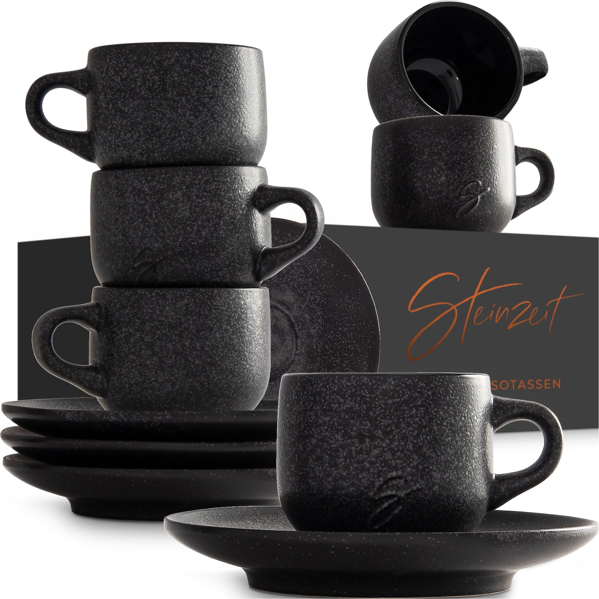 Steinzeit Set di Tazzine da Espresso Design (6x80ml) – Set di Tazzine da Caffè Espresso con piattini abbinati – Set Tazzine Caffe realizzate al 100% a mano – Tazzine Caffè iimpilabili in nero