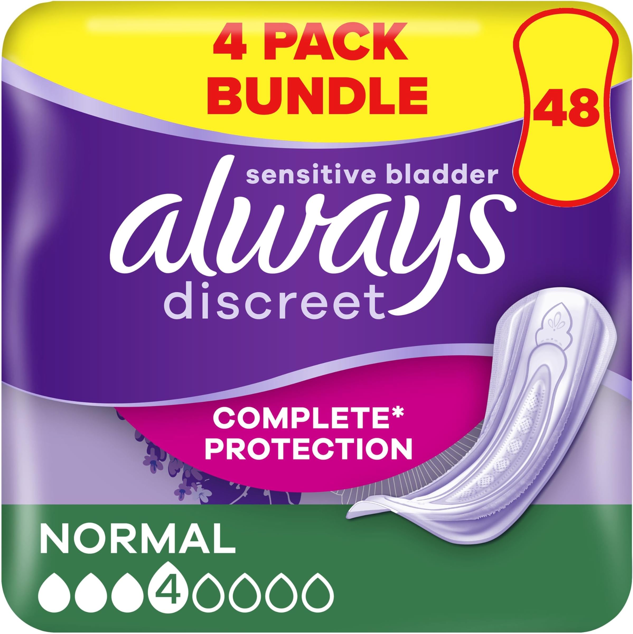 Always Discreet Incontinence Pads Women, Normal, 48 Moderate Absorbency Pads (12 x 4 Packs), Bigger Pack, Odour Neutraliser, Discreet and Flexible, for Sensitive Bladder