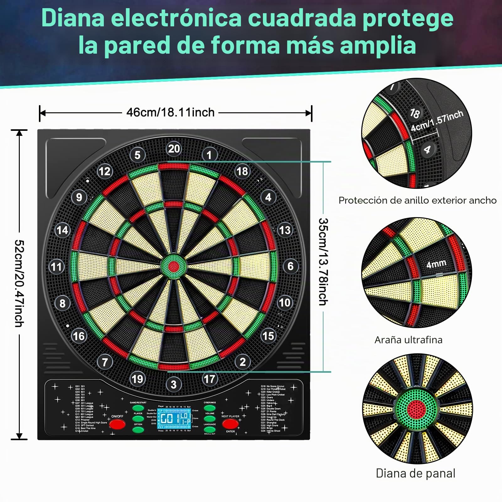 Mejasg Diana electrónica con voz alemana y pantalla LCD, electrónica con 12 flechas,34 juegos y 355 variaciones,innovadora diana electrónica para 1-8 jugadores,Negro,rojo,verde y beige,46×52×2.6cm