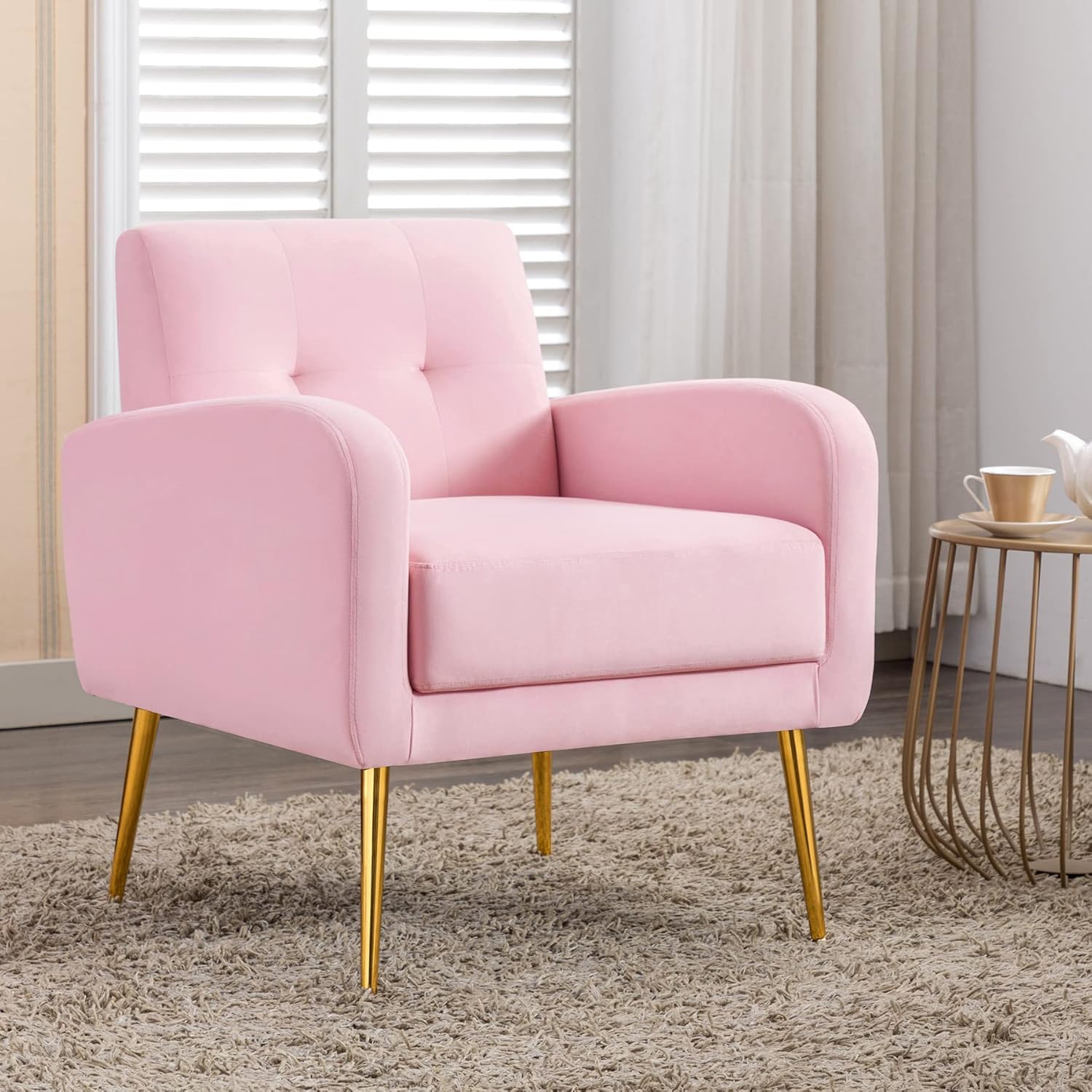Living Room Accent Chairs Pink Vanity Velvet MidCentury Tufted Armchair with
