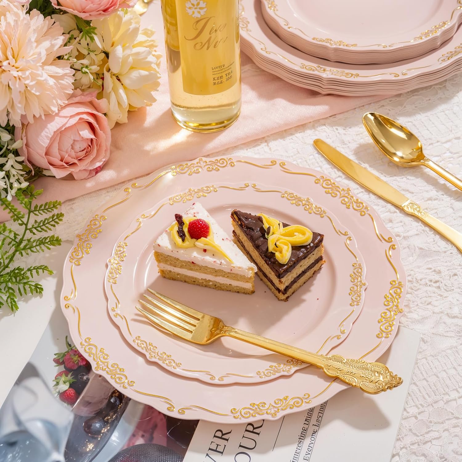 DaYammi 150Pcs Pink Plastic Plates with Gold Rimmed & Gold Silverware,Pink Disposable Plates for Party Include 30 Dinner Plate,30 Dessert Plate,30 Knives,30 Forks,30 Spoons for Mother's Day Party - Image 7