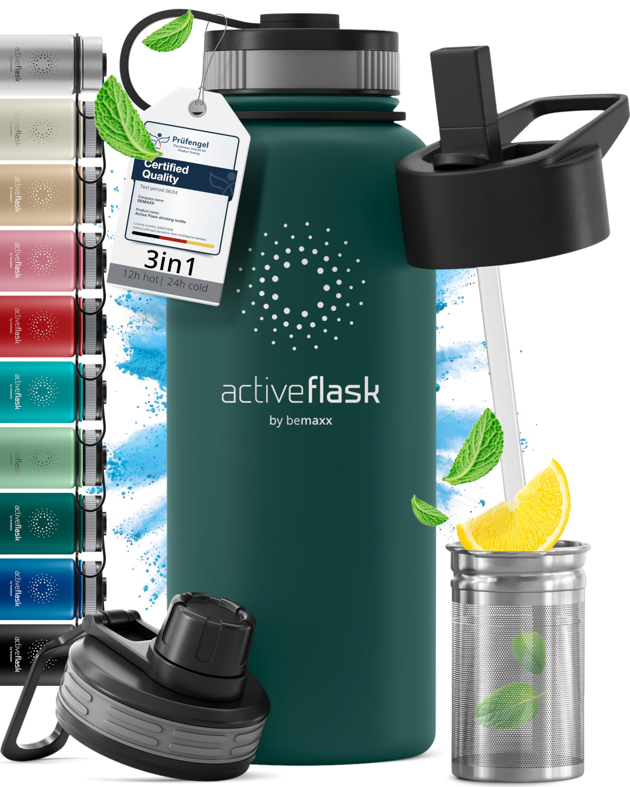Trinkflasche Edelstahl ACTIVE FLASK + Strohhalm (3 Deckel) BPA-frei, Auslaufsicher, Kohlensäure geeignet - Wasserflasche Fahrrad Thermosflasche Isoliert Isolierflasche Sport Wasser Flasche Kinder Tee