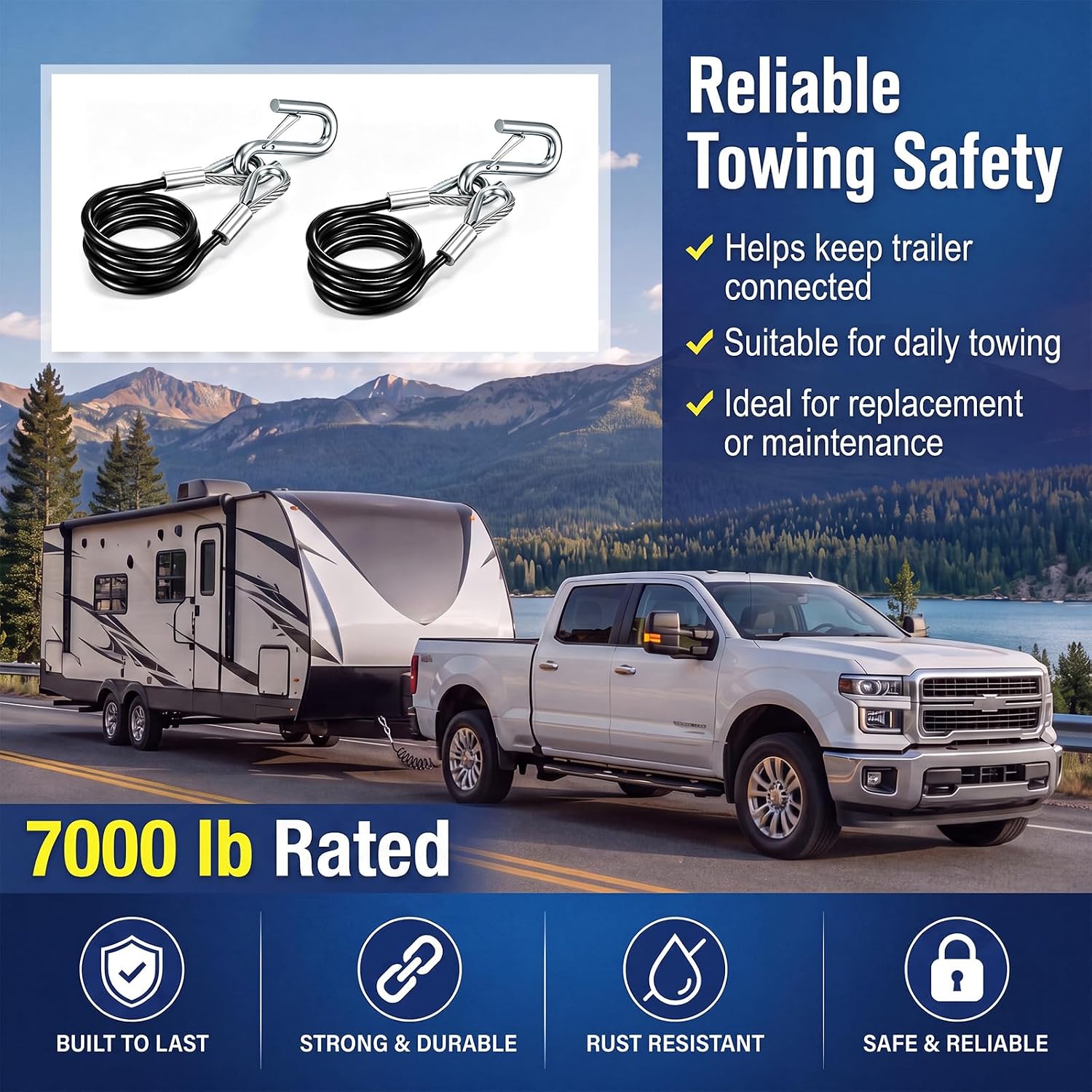 2 Pack 36 x 5/16'' Trailer Safety Cables for Towing Self-Coiling Safety Chain Replacement with 7/16 '' S Hooks 7000 lb Capacity for Boat Tow RV