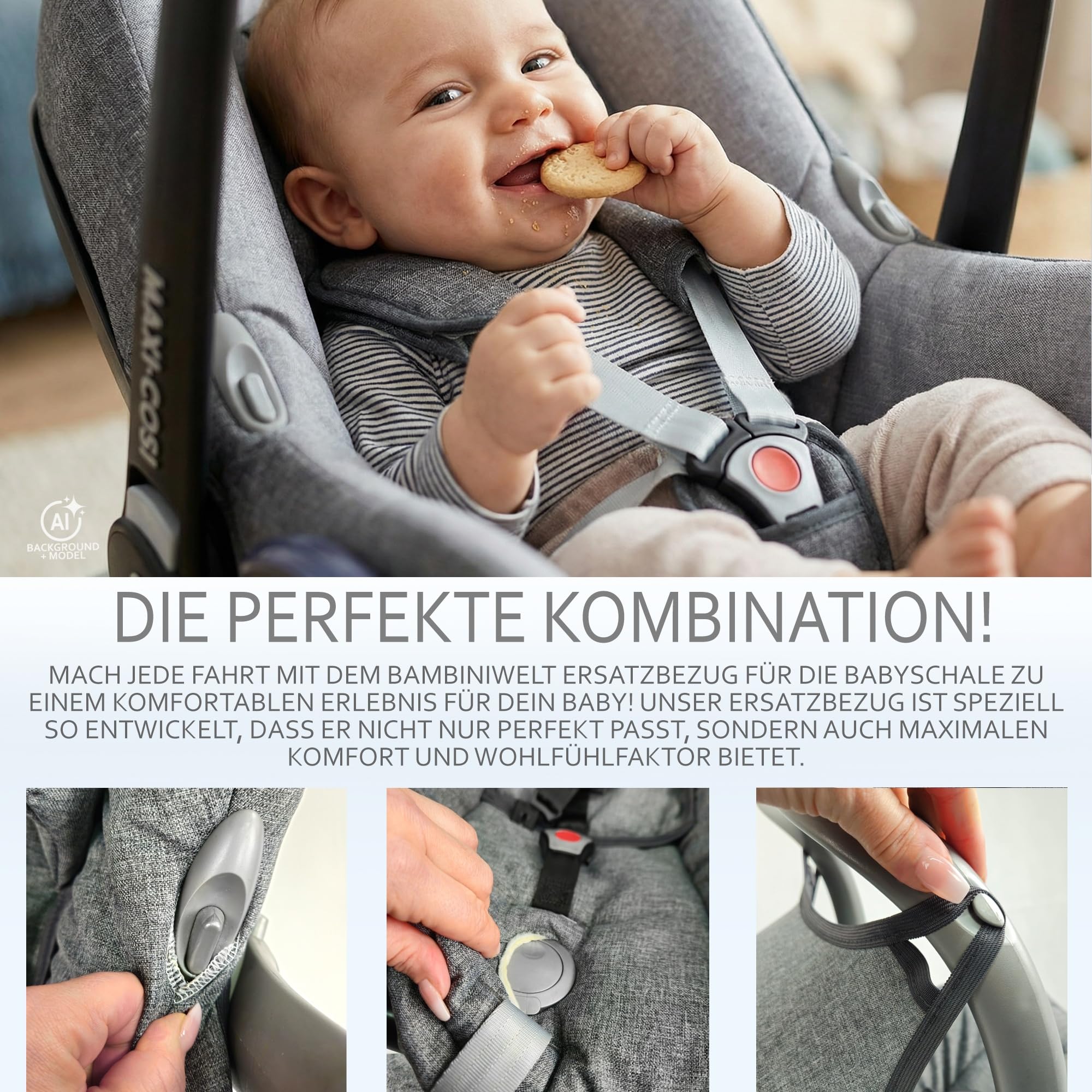 Ersatzbezug Babyschale kompatibel mit Maxi-Cosi Cabrio Fix grau/beige | 6-tlg Komplett-Set, inkl. Sitzbezug, Gurtpolster, Sonnenverdeck & Kopfstütze, gepolstert