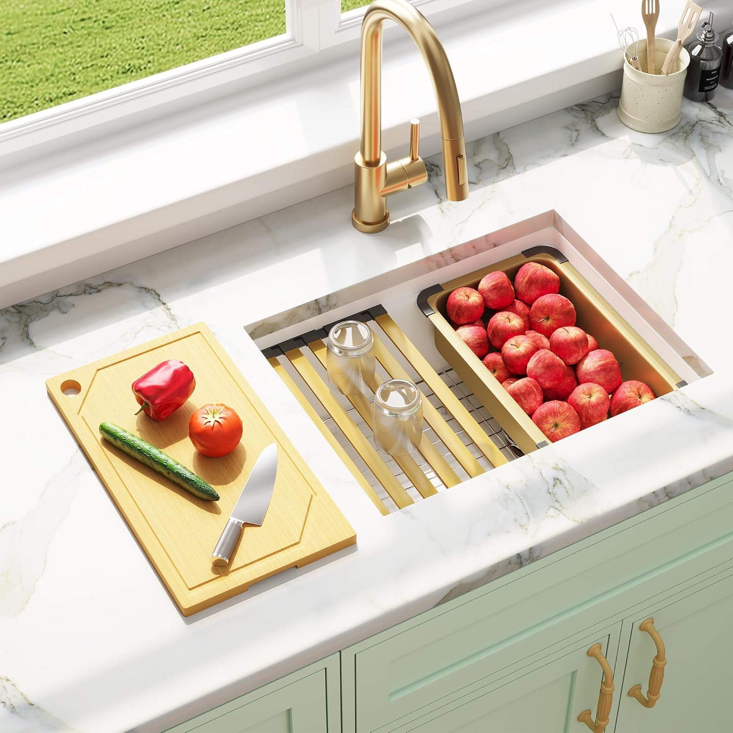 MILOSEN White Undermount Kitchen Sink, 23×18 Inch Wet Bar or Prep Sink, Granite Composite 9 Inch Workstation Sinks, Deep Under Counter Single Bowl Utility Sinks With Accessories