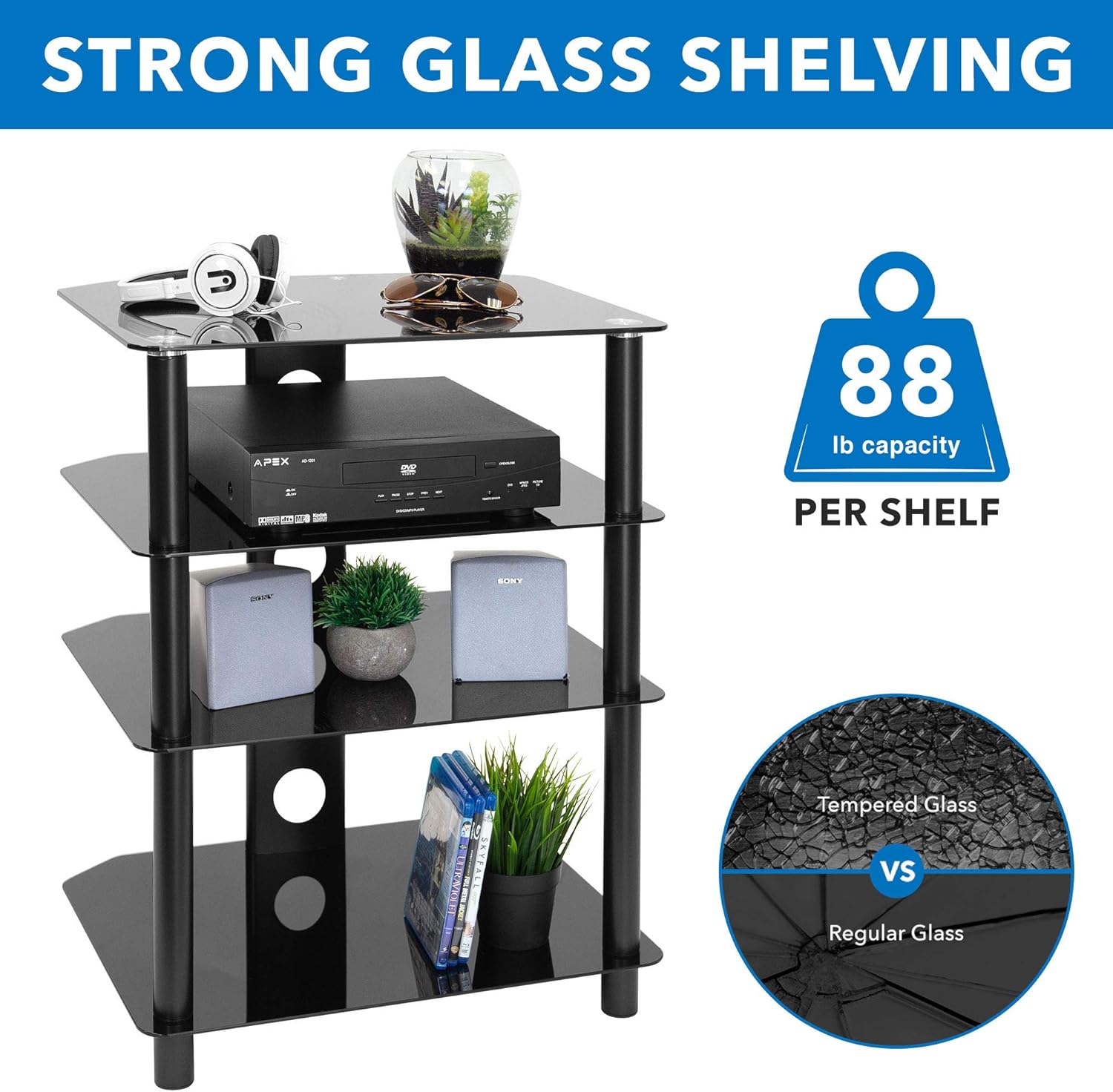 Flash Deals - 80% OFF Mount-It! AV Component Media Stand, Audio Tower and Media Center with 4 Tempered Glass Shelves, 88 Lbs Capacity, Black Silk (MI-867)