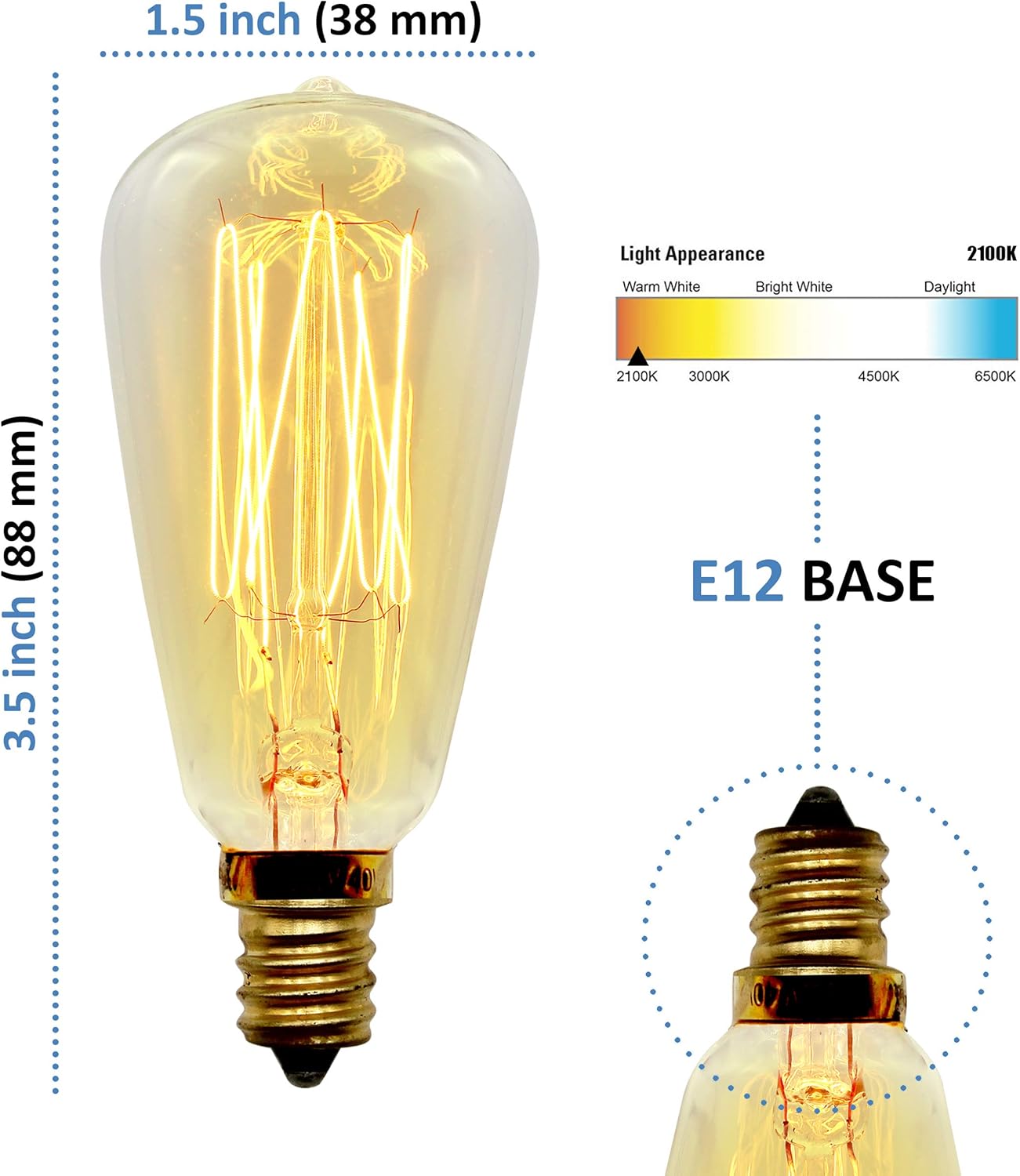 Vintage Retro Edison Bulb, ST38, 40w, E12 Base (Small), 2-Pack