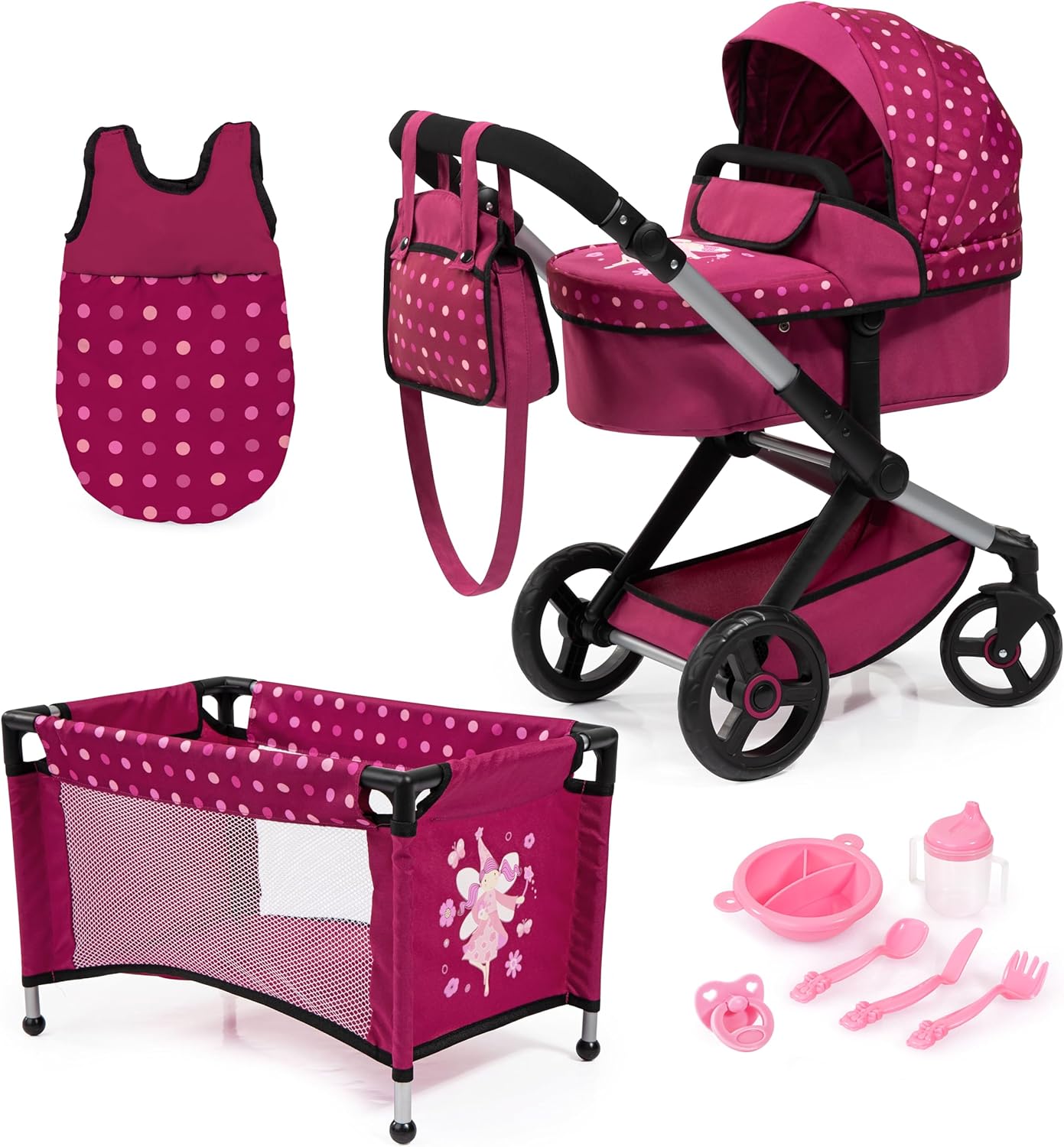 Bayer: Xeo Mega 10pc Set - Hot Pink, Dots, Fairy - Pram, Bed, Handbag, Feeding & Care Accessories for Dolls Up to 18", Kids Toy, Ages 3+