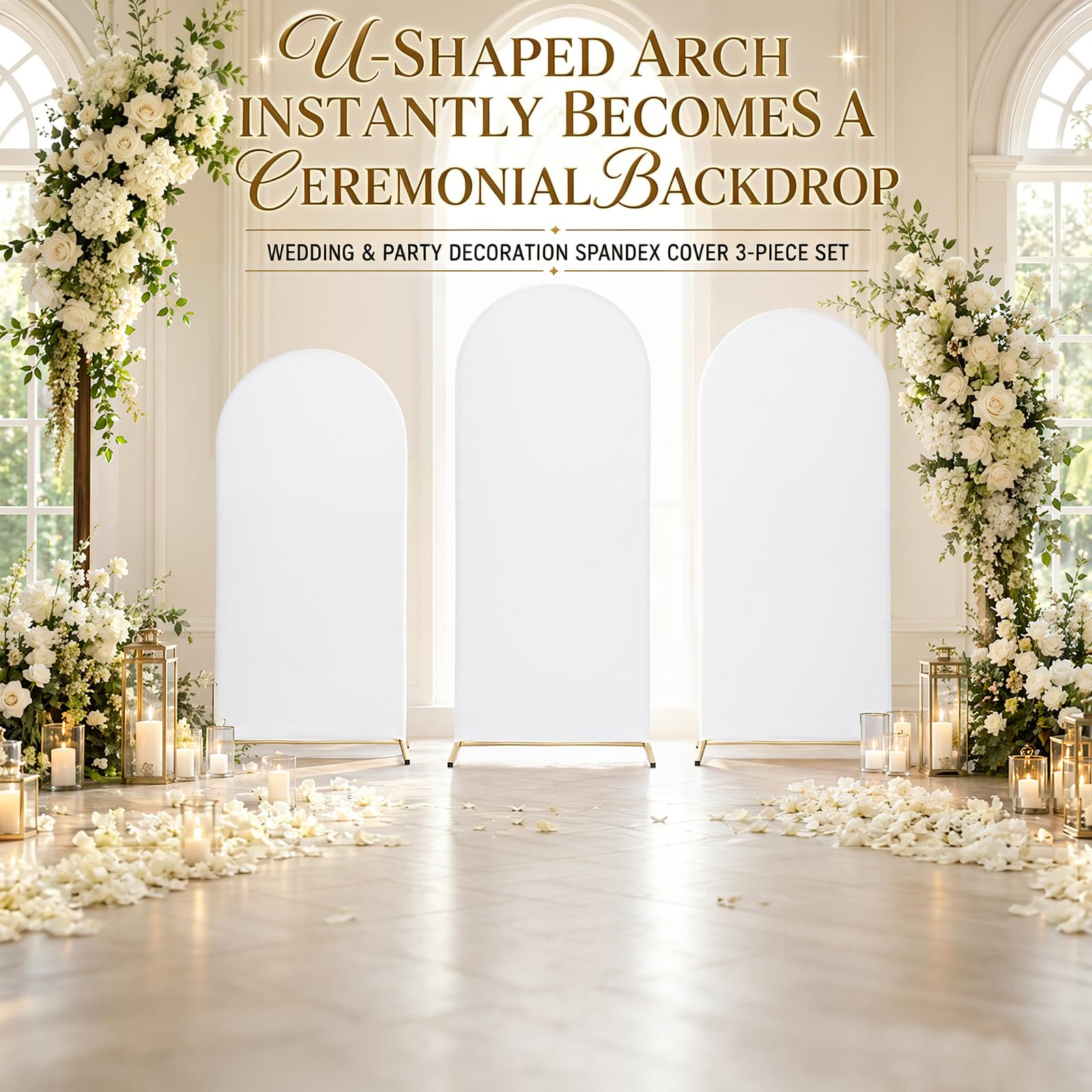 Lot de 3 Housses d’Arche de Mariage 1,8m / 2m / 2,2m, Tissu Fond Photo Respirant Réutilisable, Décoration pour Mariage, Anniversaire, Baptême et Événements