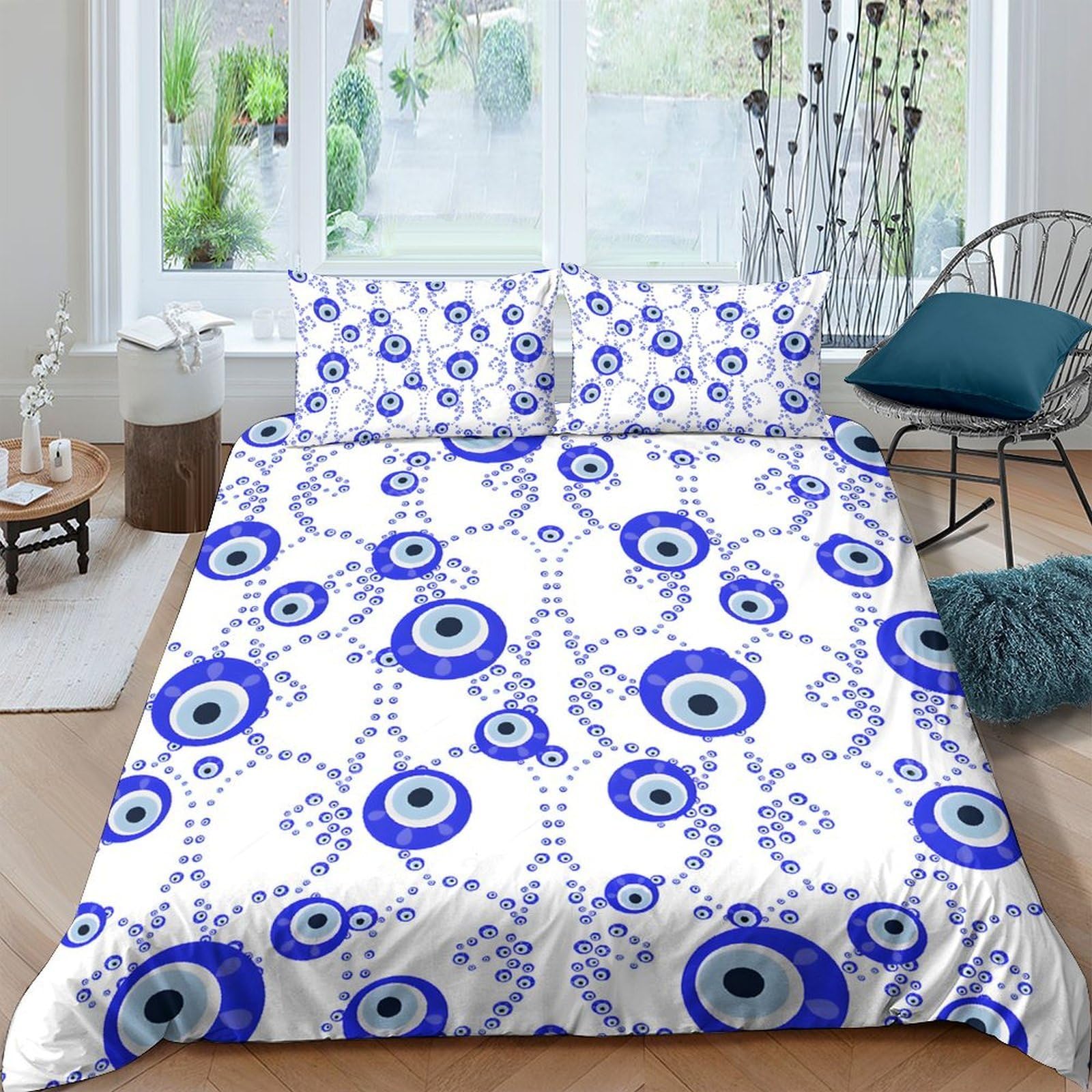Ctjqhvkz Style-2 3D Printed Evil Eye Pattern Fitted Sheet Microfiber Blue White Bed Cover For Bedroom Guest Room Mattress Protector Single（135X200cm）