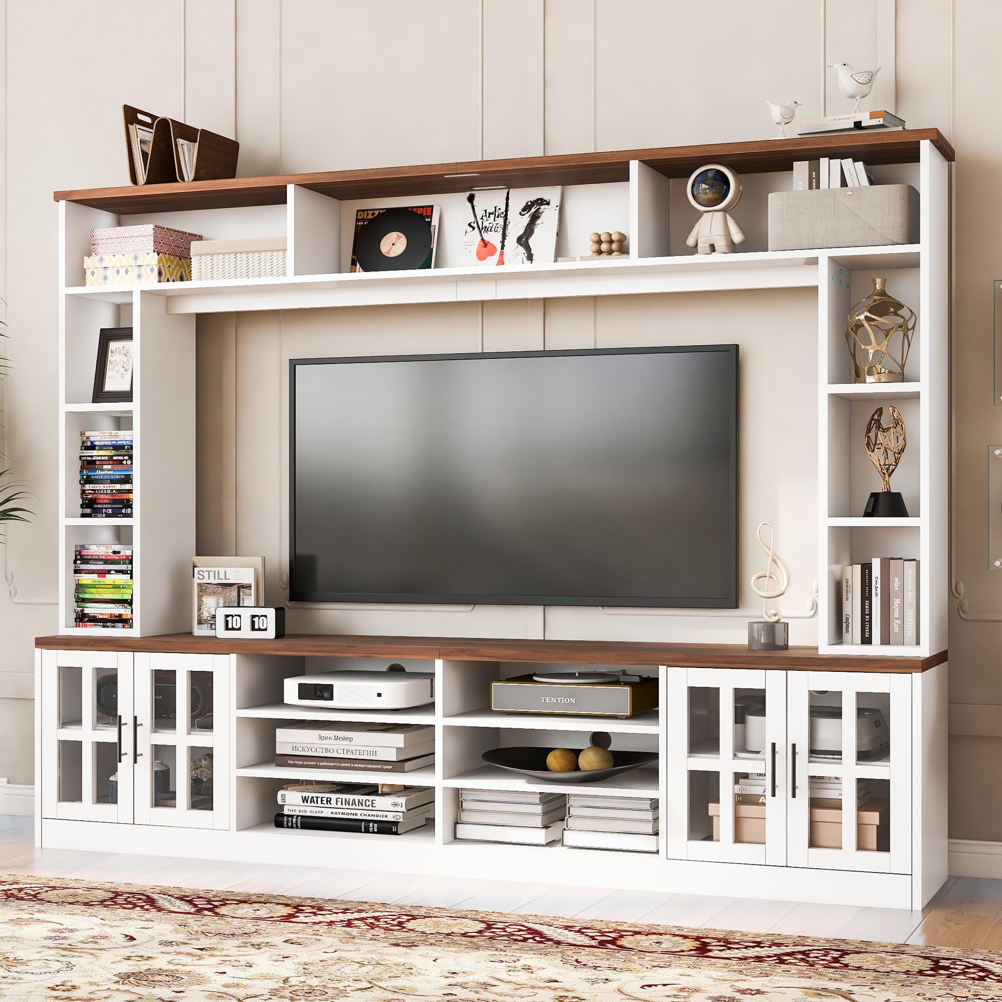 - 95.5" Entertainment Wall Unit Set with Bookshelves, Modern TV Stand for Televisions Up to 80", Large Media Console with Cabinets and Tempered Glass Doors for Living Room