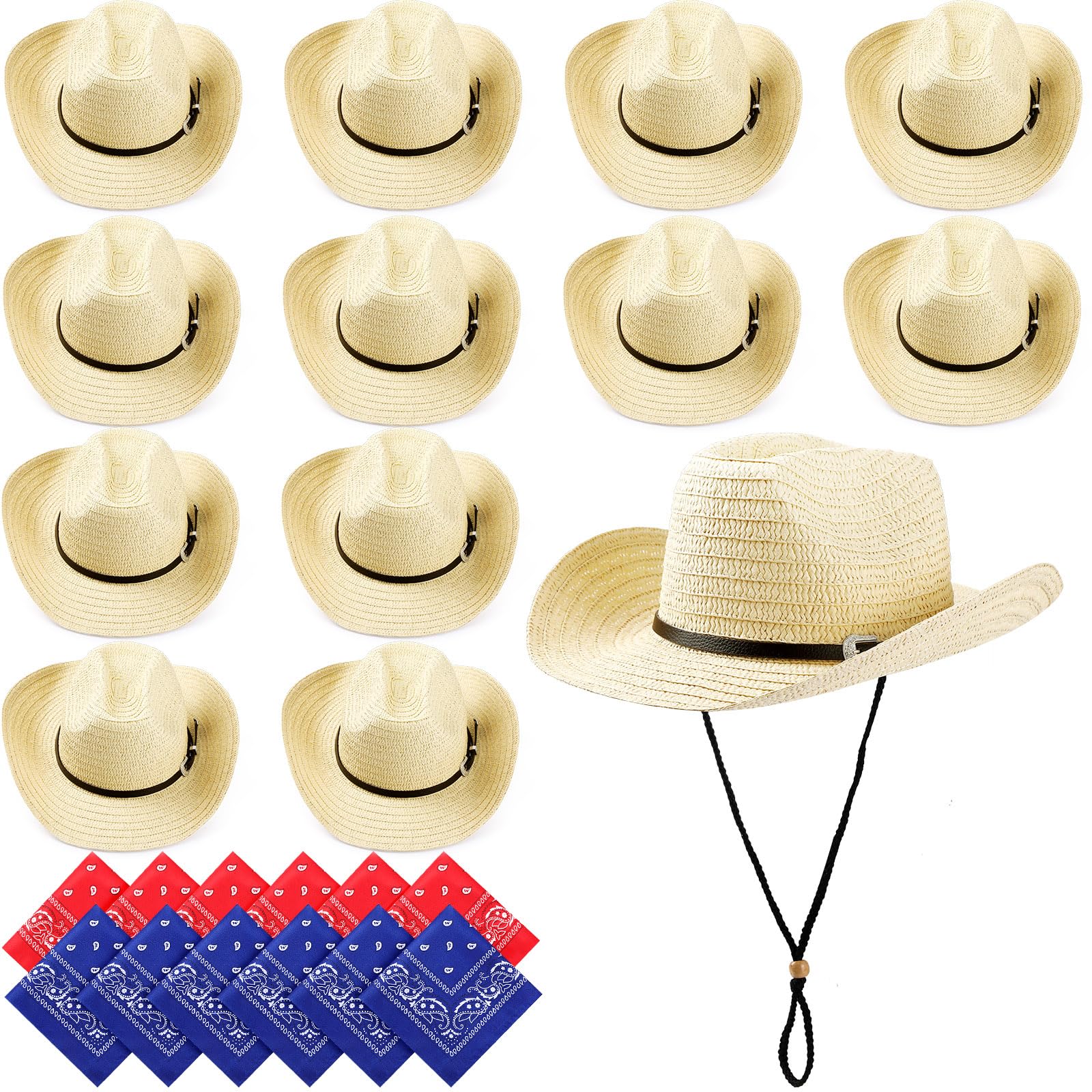 SATINIOR 12 Set Straw Cowboy Hats & Bandanas - Cowboy Party Hat Costume with Head Bandana (Beige, Leather Trim Style)