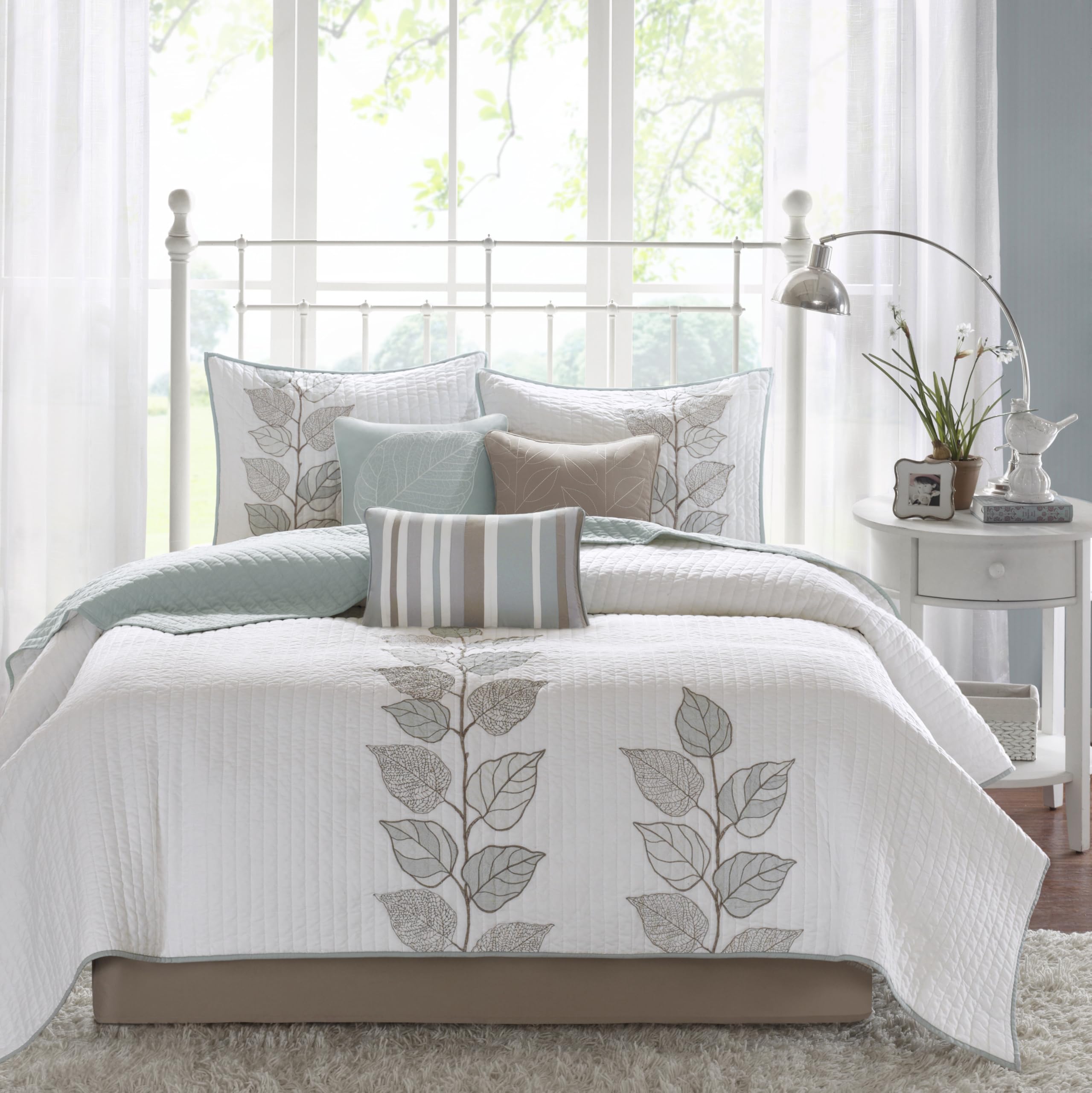 Caelie Quilt Modern Classic Design All Season, Breathable Coverlet Lightweight Bedding Set, Matching Shams, Decorative Pillow, King/Cal King(104"x94"), Leaf Blue 6 Piece