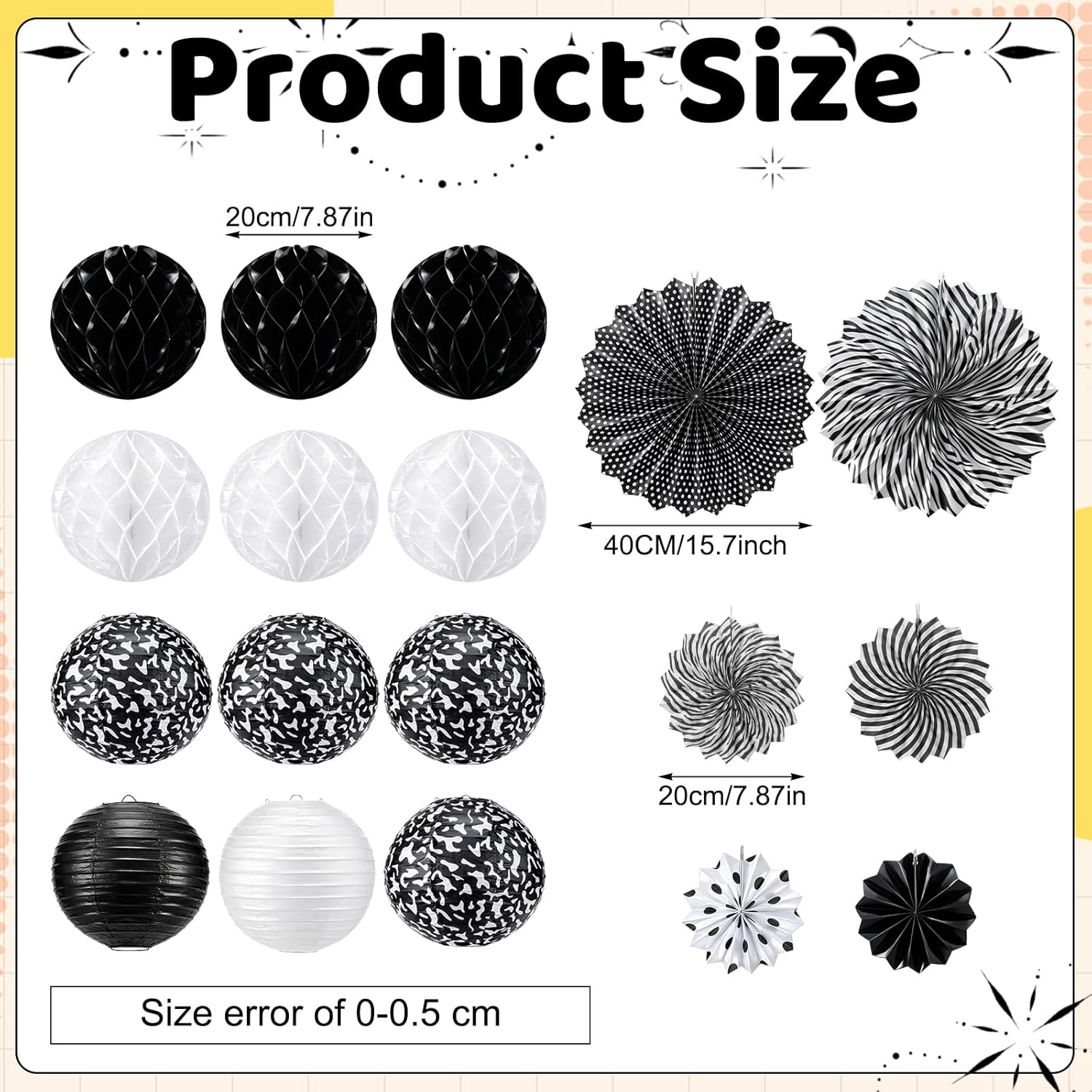 Retisee 18 Pcs Composition Classroom Decoration Kits Black and White Composition Hanging Paper Lanterns Paper Fans Honeycomb Balls Decor for Graduation End of Year School Classroom Supplies