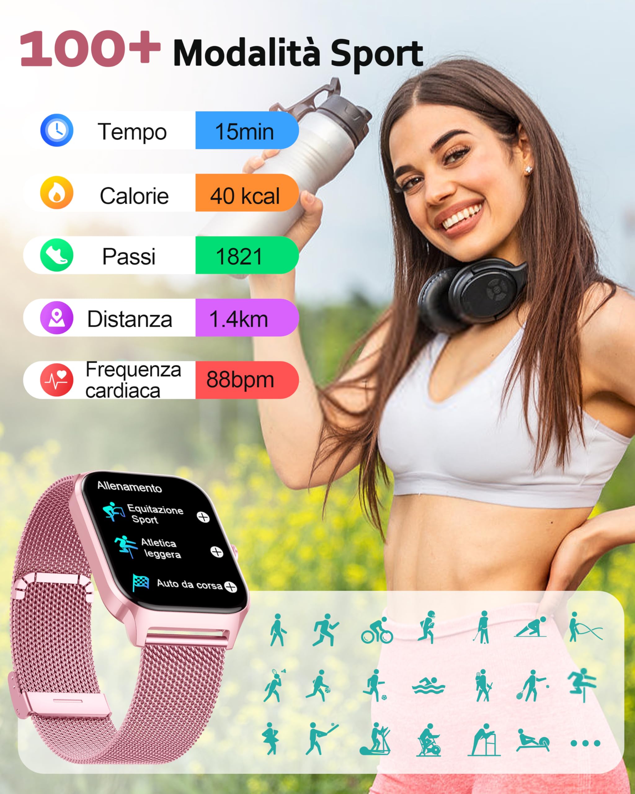Popglory Smartwatch Uomo Donna, 1.85" Orologio Chiamate, Assistente AI, 100+ modalità Sportive Fitness Watch, Frequenza Cardiaca/SpO2/Pressione Sanguigna/Sonno/Stress, Regalo Android iOS (2 Cinturini)