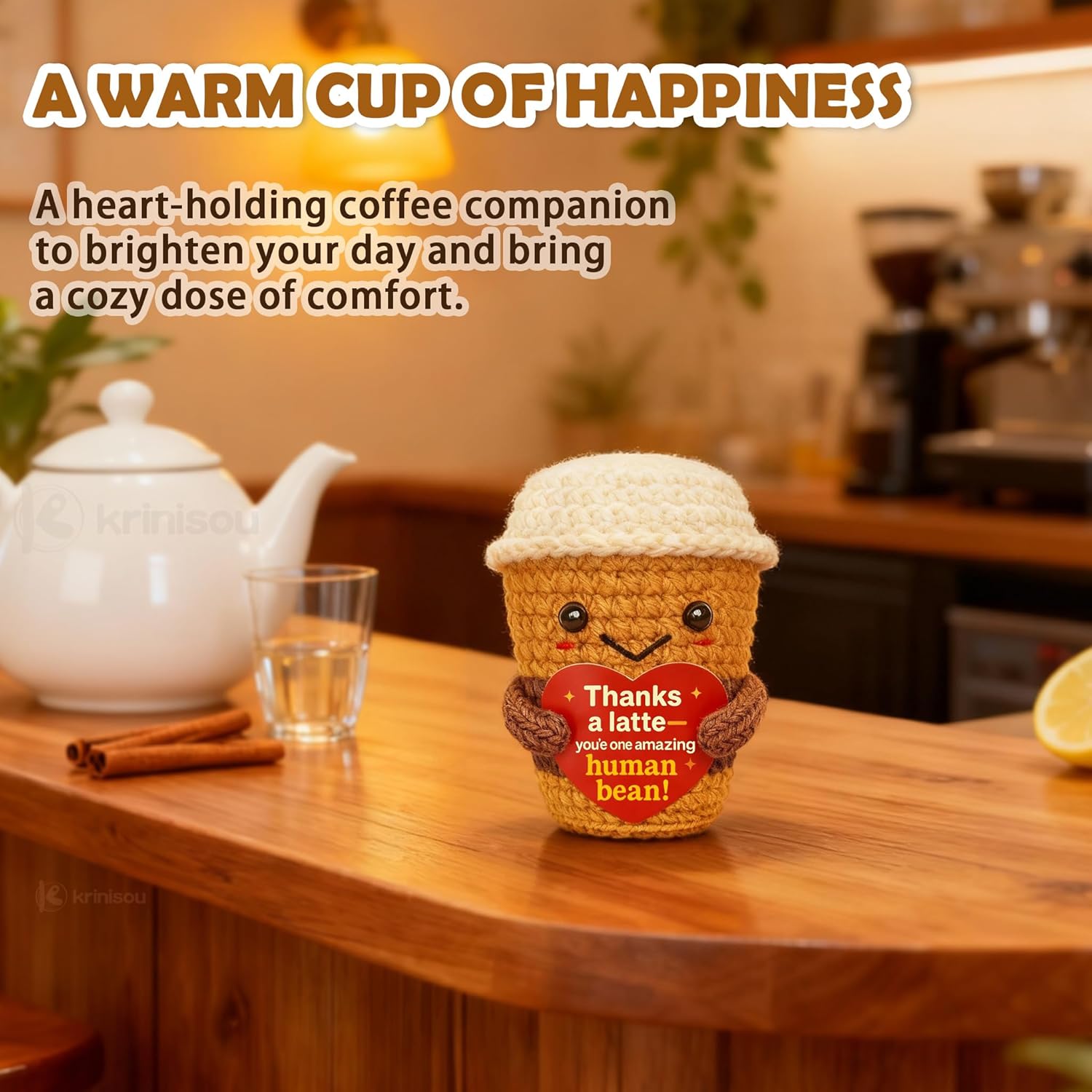 Thank You & Appreciation Gift for Women Men, Coworkers, Teachers, Friends – Cute Handmade Crochet “Thanks a Latte” Coffee Cup Plush for Coffee Lovers - Image 3