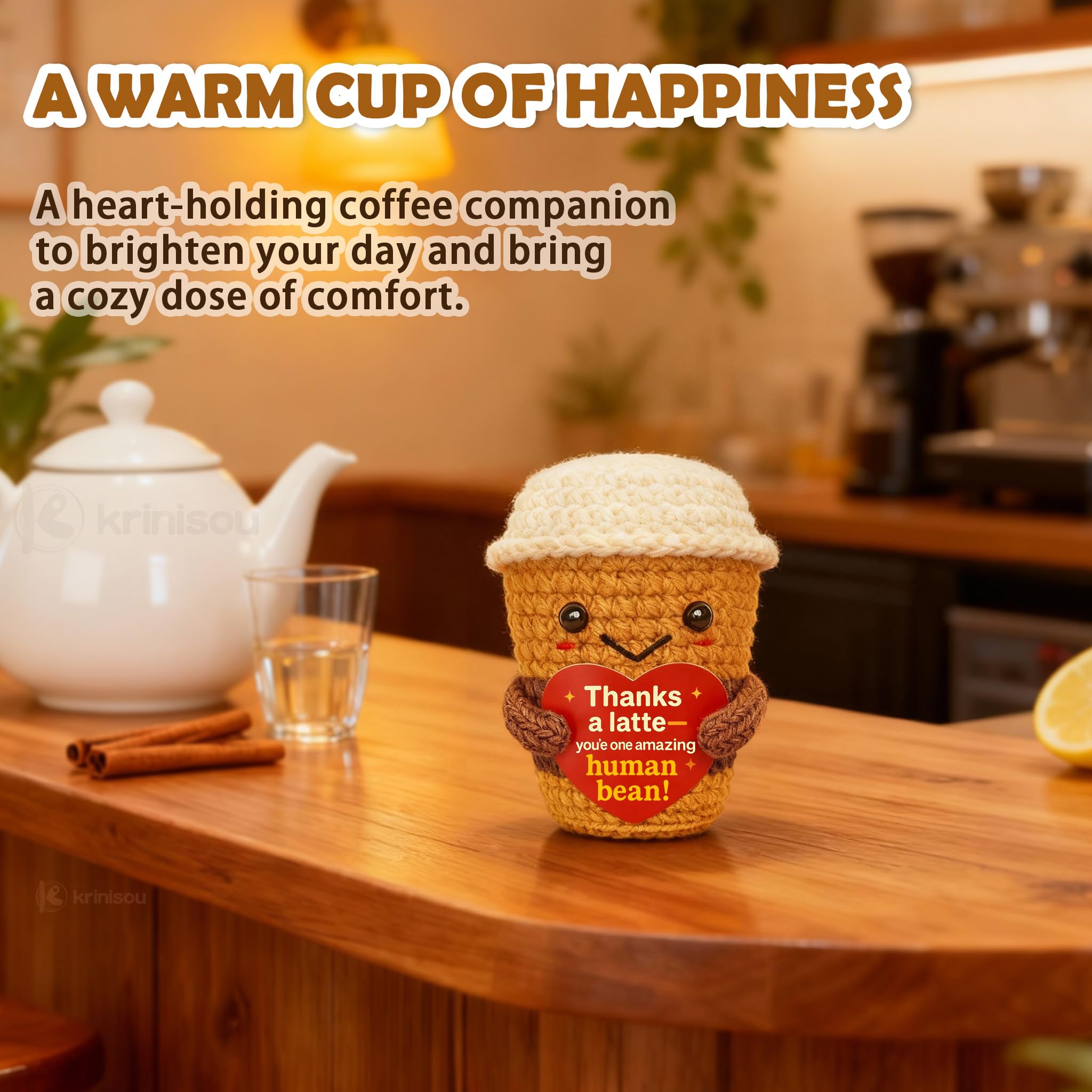 Thank You & Appreciation Gift for Women Men, Coworkers, Teachers, Friends – Cute Handmade Crochet “Thanks a Latte” Coffee Cup Plush for Coffee Lovers