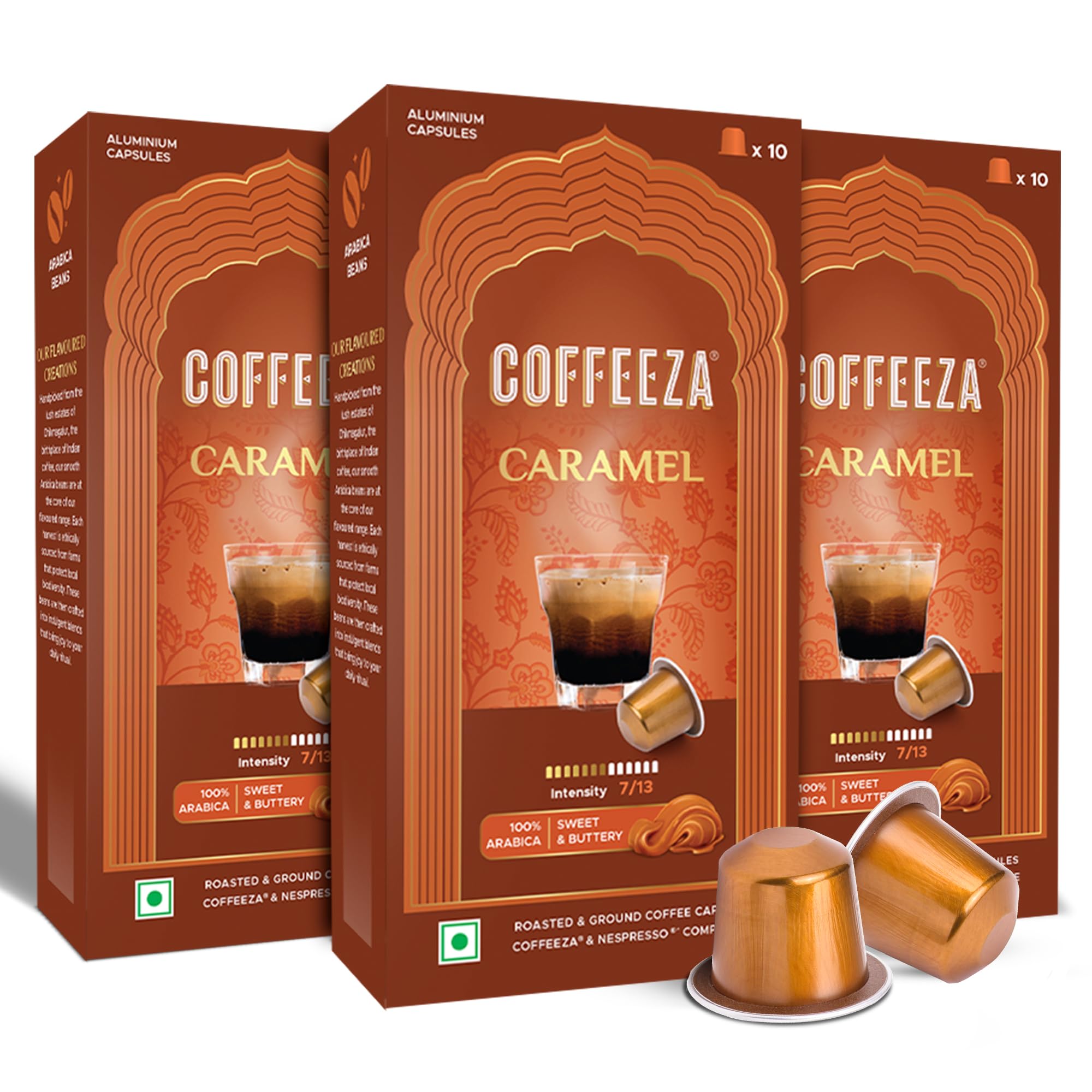 Caramel Flavoured Coffee Capsules, Intensity -7 | Aluminium Coffee Pods |100% Arabica | Box of 3 (30 Capsules) | Brew Cold/Hot