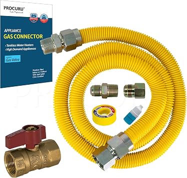 PROCURU 1" OD x 36" 3Ft x 3/4"MIP x 3/4"FIP Universal Flexible Gas Connector Kit with Gas Valve, Weatherproof MaxFlow Stainless Steel Tubing for Tankless Water Heater Blue-B1 Series