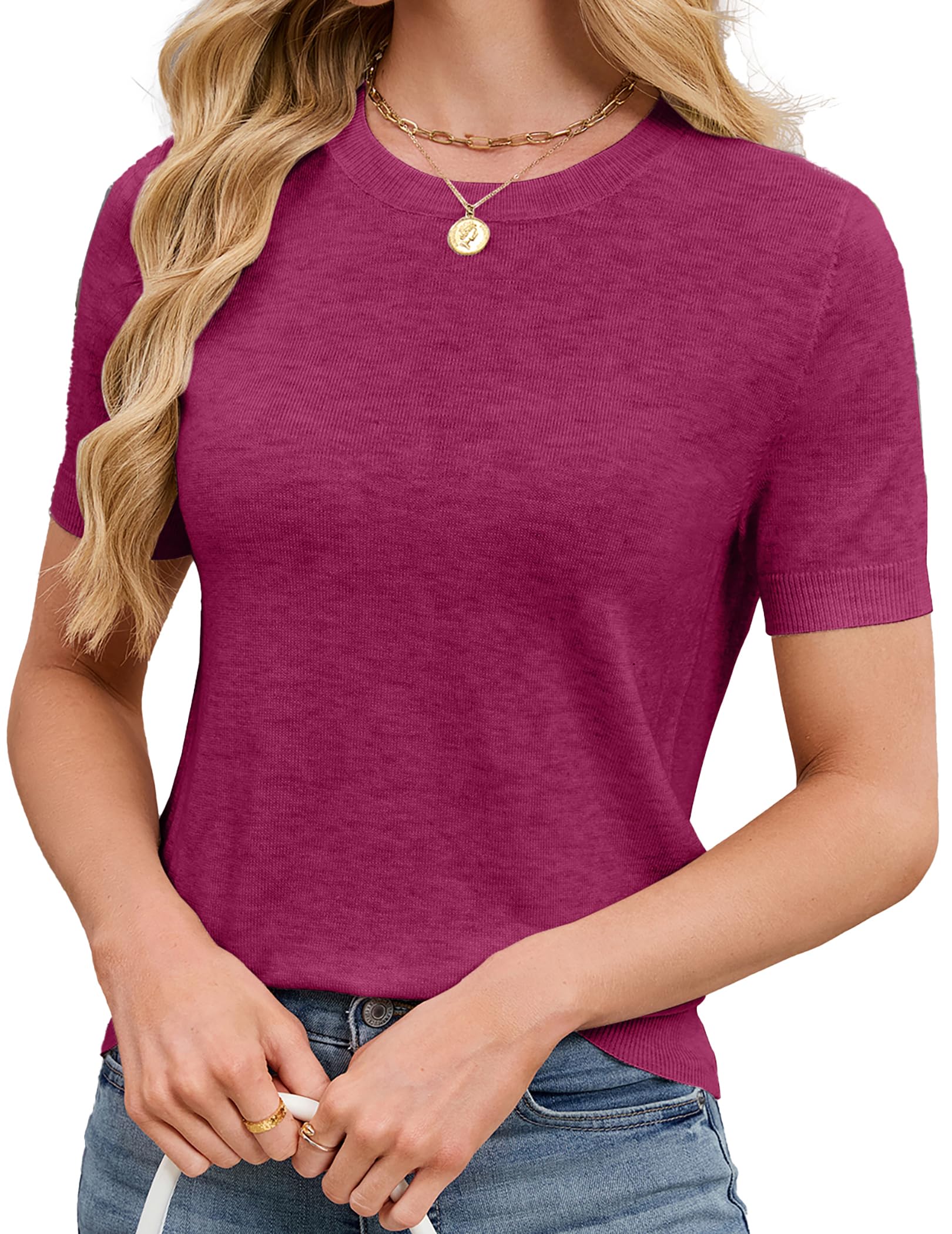 SunnyMelody Womens Short Sleeve Wool Sweater Fall 2025 Business Casual Outfit Lightweight Soft Knit Work Top