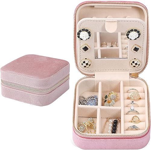Dajasan Velvet Travel Jewelry Box, Mini Travel Jewelry Case, Small Portable Travel Jewelry Organizer Box with Mirror for Earrings Bracelets Rings Necklace (pink)