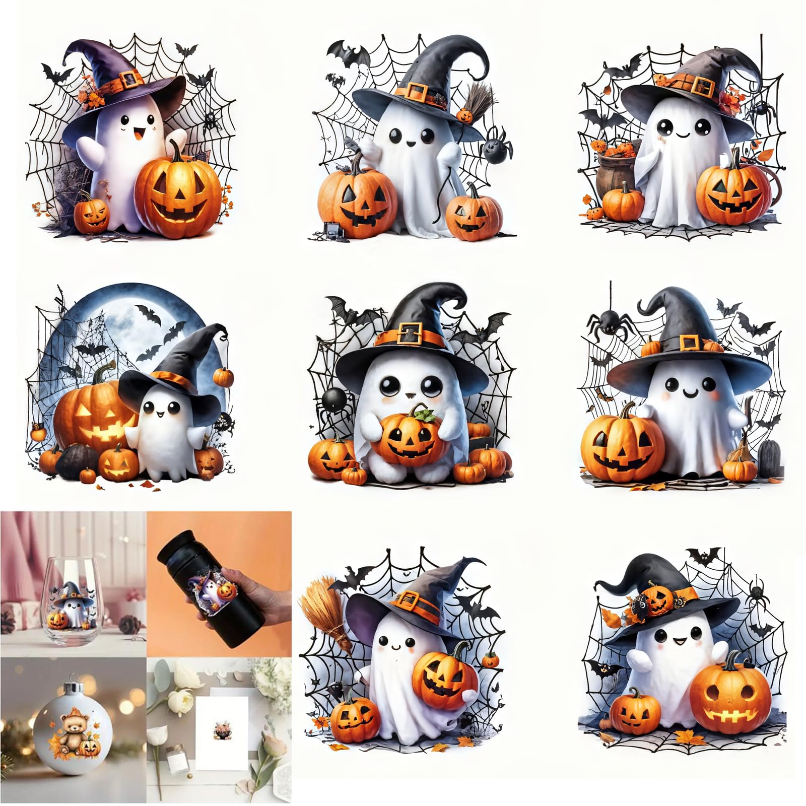 Delupmt Color 8Pcs Halloween Ghost Pumpkin Flower Uv Dtf Cup Wraps Transfer Waterproof Sticker For Glass Cups Furniture Craft Diy Crafts，Rub On Transfer Stickers For Diy Water Bottle Laptop Decal Wood Car