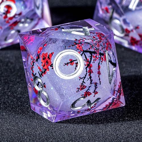 Miniatura 5 de KERWELLSI Juego de dados DND con núcleo líquido y flores, 7 piezas de dados poliédricos de resina con flor de ciruelo de borde afilado, dados de