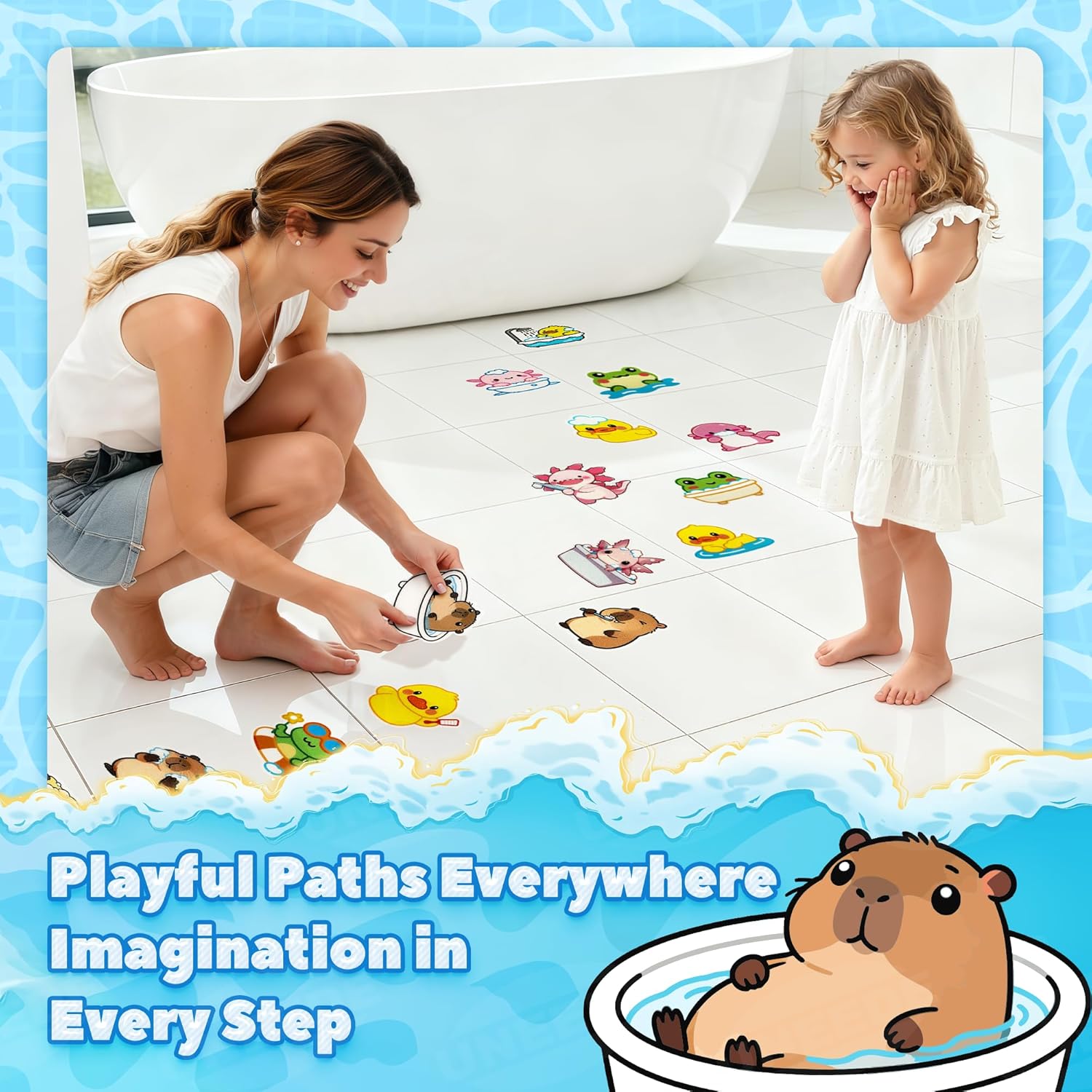 UNEEDE Bathtub Non Slip Stickers, 17-Pack Cute Axolotl, Duck, Capybara, Frog Decals, Shower Floor Non Slip Stickers, Textured Surface Anti Slip Shower Stickers, Safety Grip with Premium Scraper - view 2