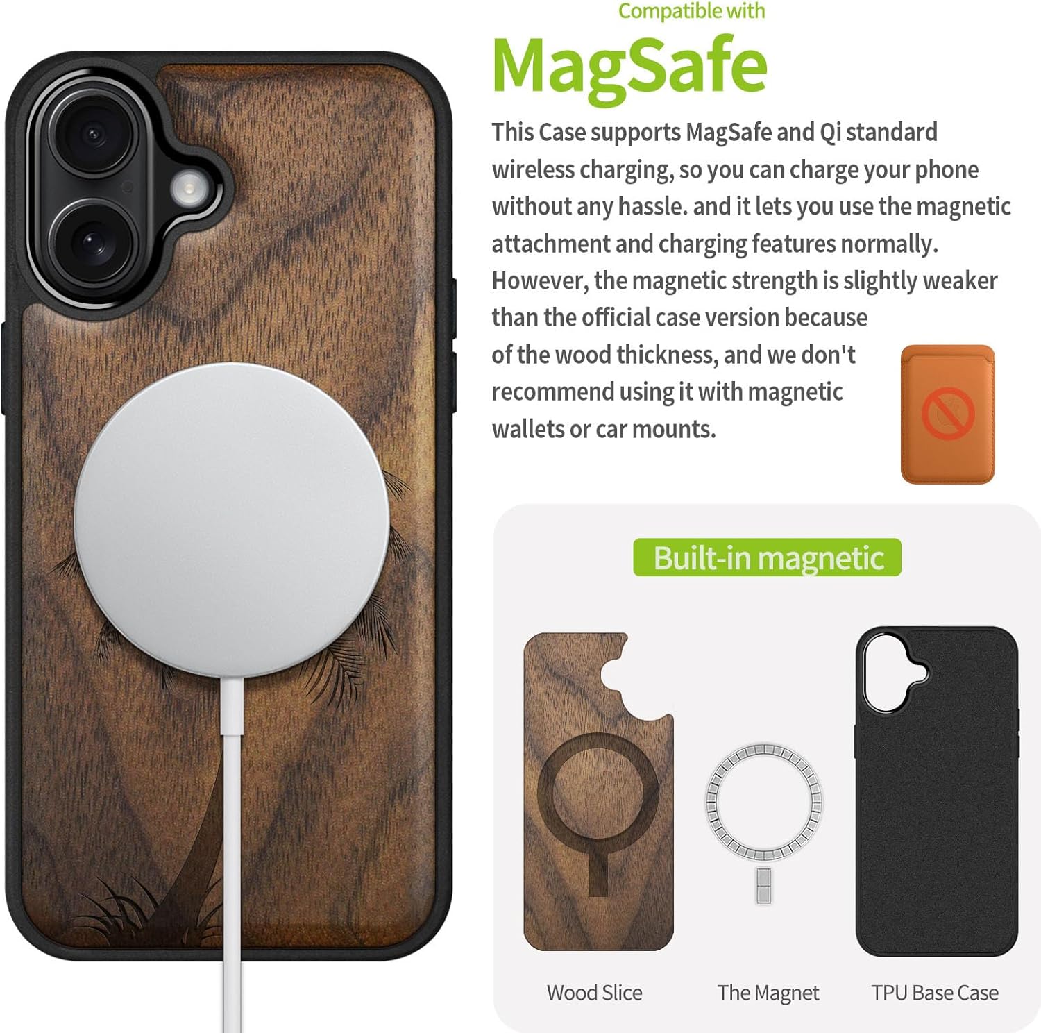 Carveit Magnetic Wooden Case for iPhone 17 Case, Wood Artisan Engraved & Black Soft TPU Shockproof Cover, Compatible with MagSafe Wireless Chargers (The Palm Tree) Walnut