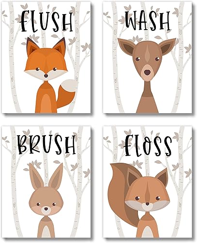 Brooke & Vine Impresiones artísticas para decoración de pared de baño para niños (sin marco, 8 x 10 pulgadas, juego de 4)  Animales del bosque de disponible en Yaxa Peru