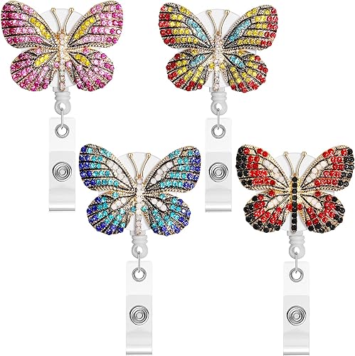 Paquete de 4 carretes retráctiles con diamantes de imitación de mariposa para enfermera, con clip de cocodrilo giratorio, cordón de nailon, soporte