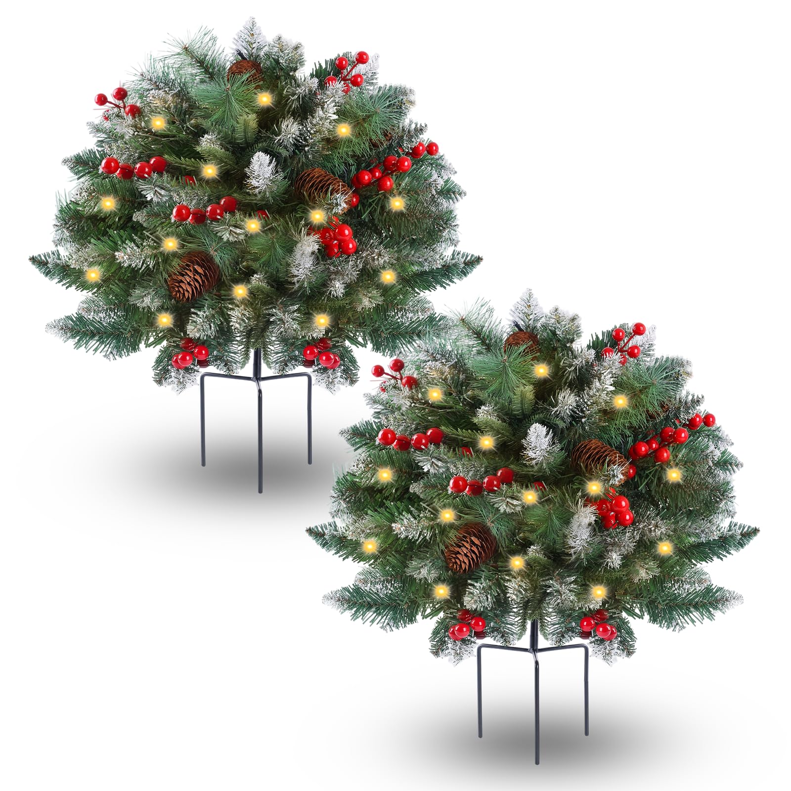 2 Pack Artificial Christmas Urn Filler, Pre-lit Lighted Christmas Tree