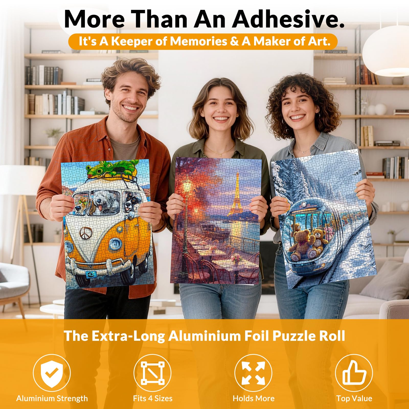 MOZOOSON Puzzle Klebefolie, 20M-Rolle Selbstklebende Aluminiumfolie mit 1 Rakel, in Sekunden zuschneiden, aufkleben & aufhängen, Puzzlekleber für 1000 Teile, Puzzle Kleber für Puzzle Stabilisieren
