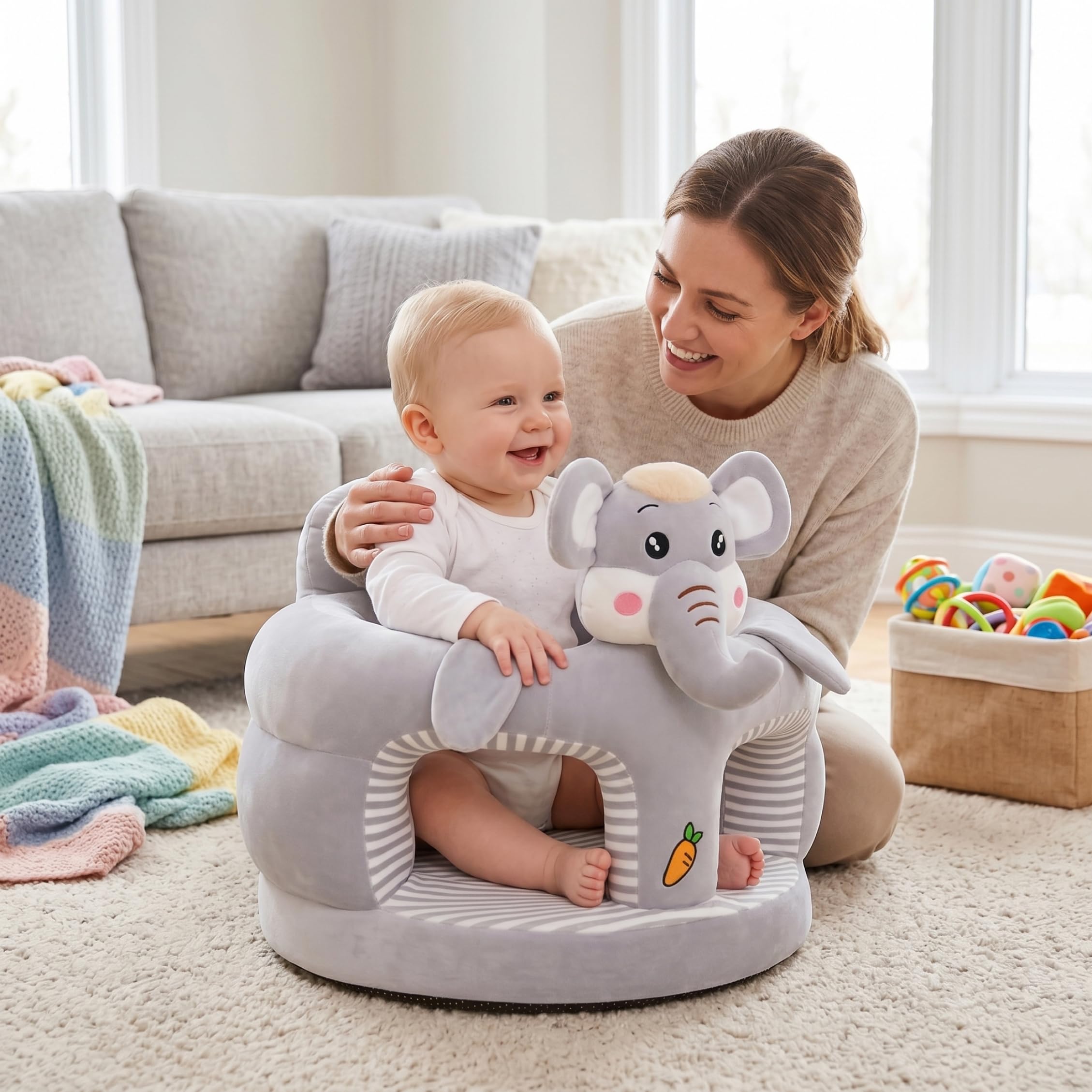 Silla para sentarse para bebé, asiento de suelo con dibujos animados bonitos de felpa para sentarse para bebé, soporte para suave y agradable para la piel, asiento de suelo gris para