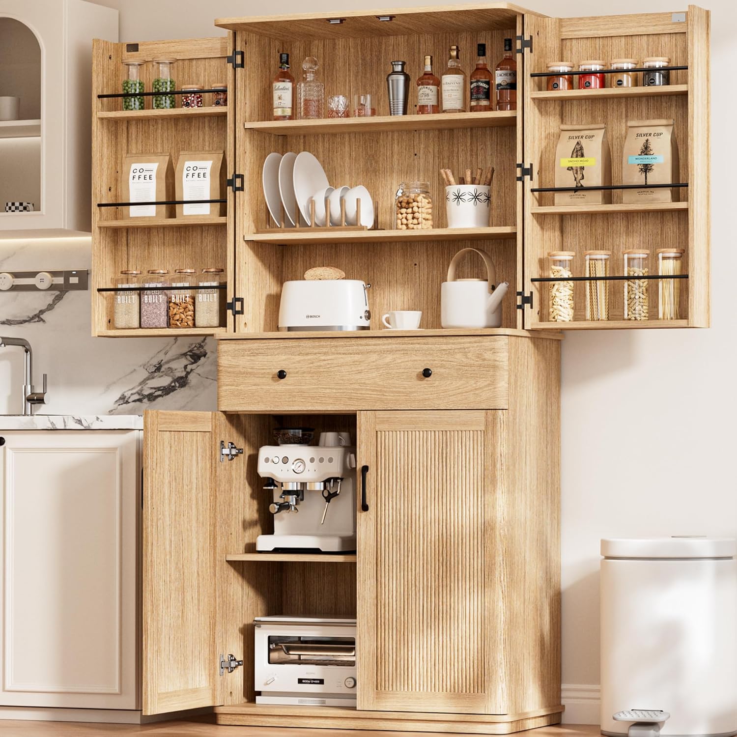 72" Tall Pantry Cabinet, Kitchen Storage Cabinet with 1 Drawer 2 Cabinets, 3 Adjustable Shelves 6 Door Shelves, Freestanding Multi Use Pantry Storage Cabinet for Kitchen Dining Room Living Room