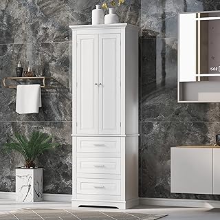 Polibi Tall Storage Cabinet with 3 Drawers, 3-Tier Adjustable Shelves & 2 Doors, Floor Freestanding Linen Cabinet for Bathroom, Living Room (White)