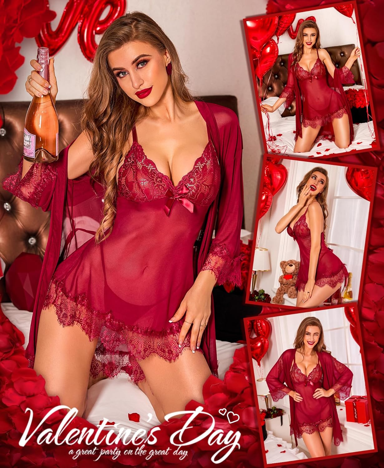RSLOVE Women Sexy Lingerie Set 3 Piece Babydoll & Lace Kimono Robe Strap Chemise Sleepwear Mesh Nightgown - Image 5