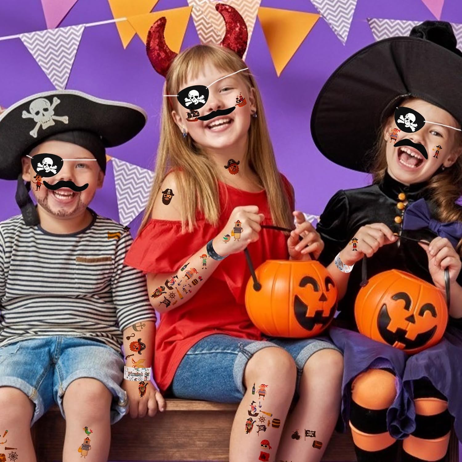 Pirate Party Favors - 96PCS Supplies with Gold Coins, Gems, Keychains, Bracelets, Eye Patches & Mustache Tattoos for Birthday Party Goodie Bags