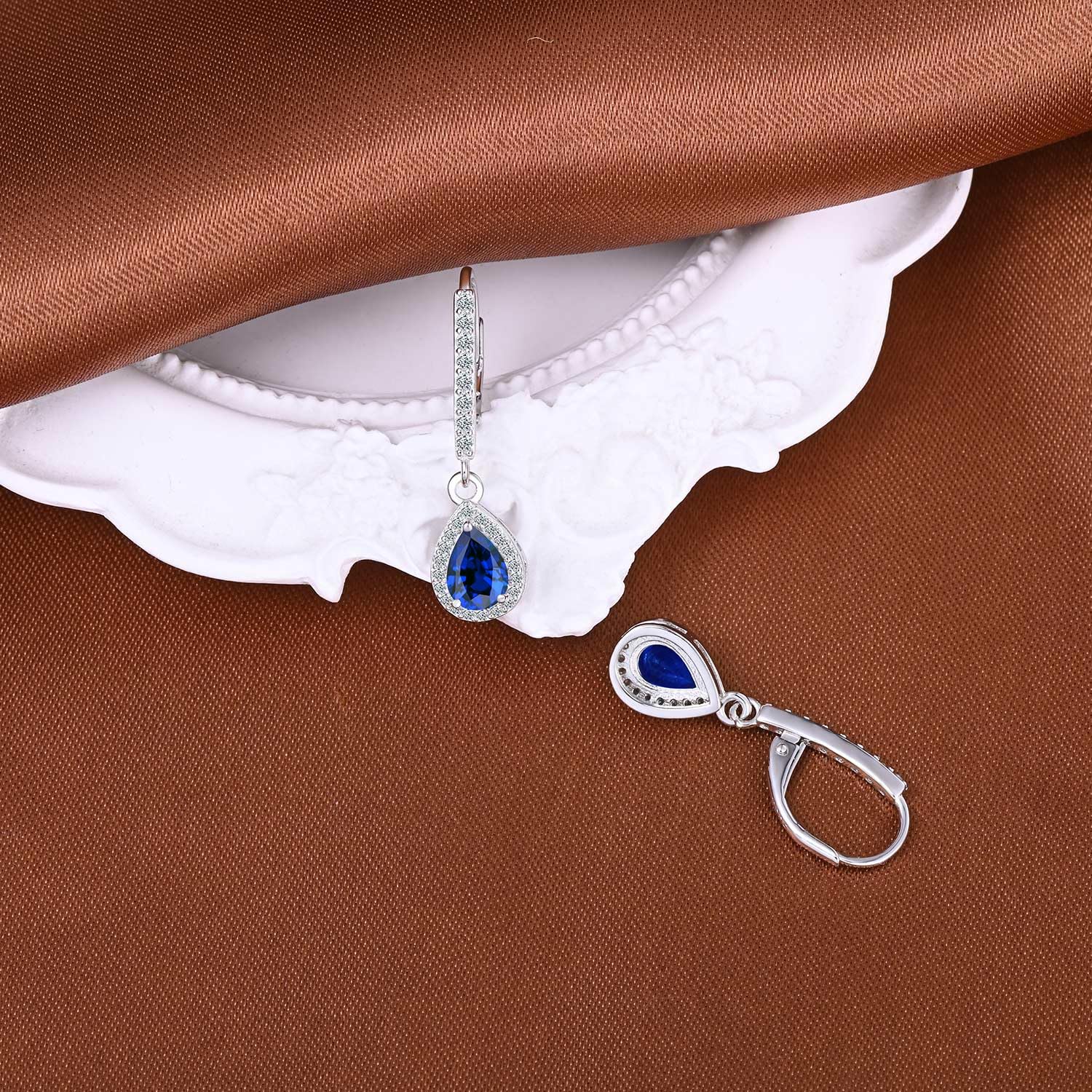 MicLee Damen Saphir Ohrringe Anhängern 925 Sterling Silber Creolen mit French Verschluss Zirkonia Ohrhänger Elegant Ohrschmuck für Alltag Hochzeit Party