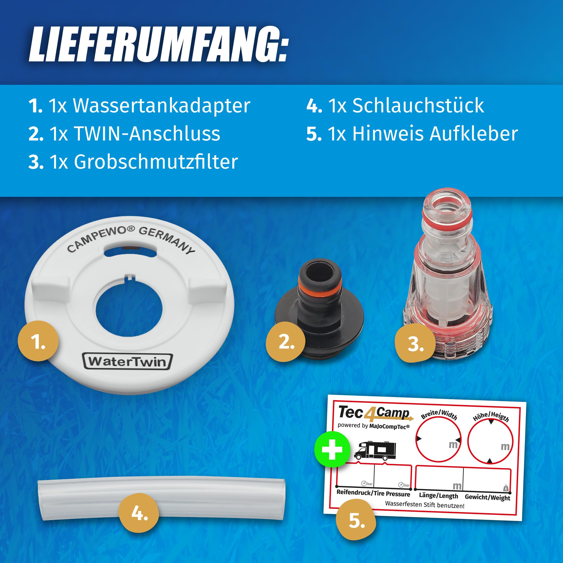 MaJoCompTec® WATERTWIN-PRO Tappo per serbatoio con attacco acqua | Adattatore con filtro per tappo del serbatoio dell'acqua 3-PIN D:78 | Bocchettone di riempimento attacco acqua | Accessorio per