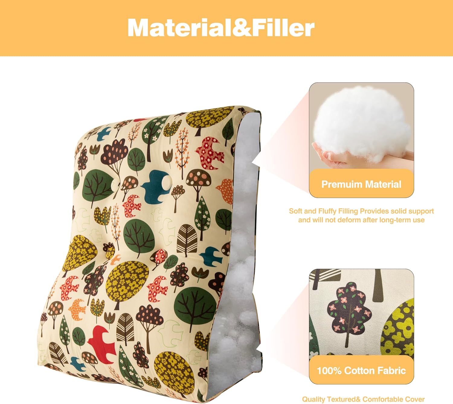 Reading Pillow for Bed – Back Pillow for Sitting Up in Bed Adult,Recline Back Wedge Support Couch Pillows for Living Room (100% Cotton), Forest Print