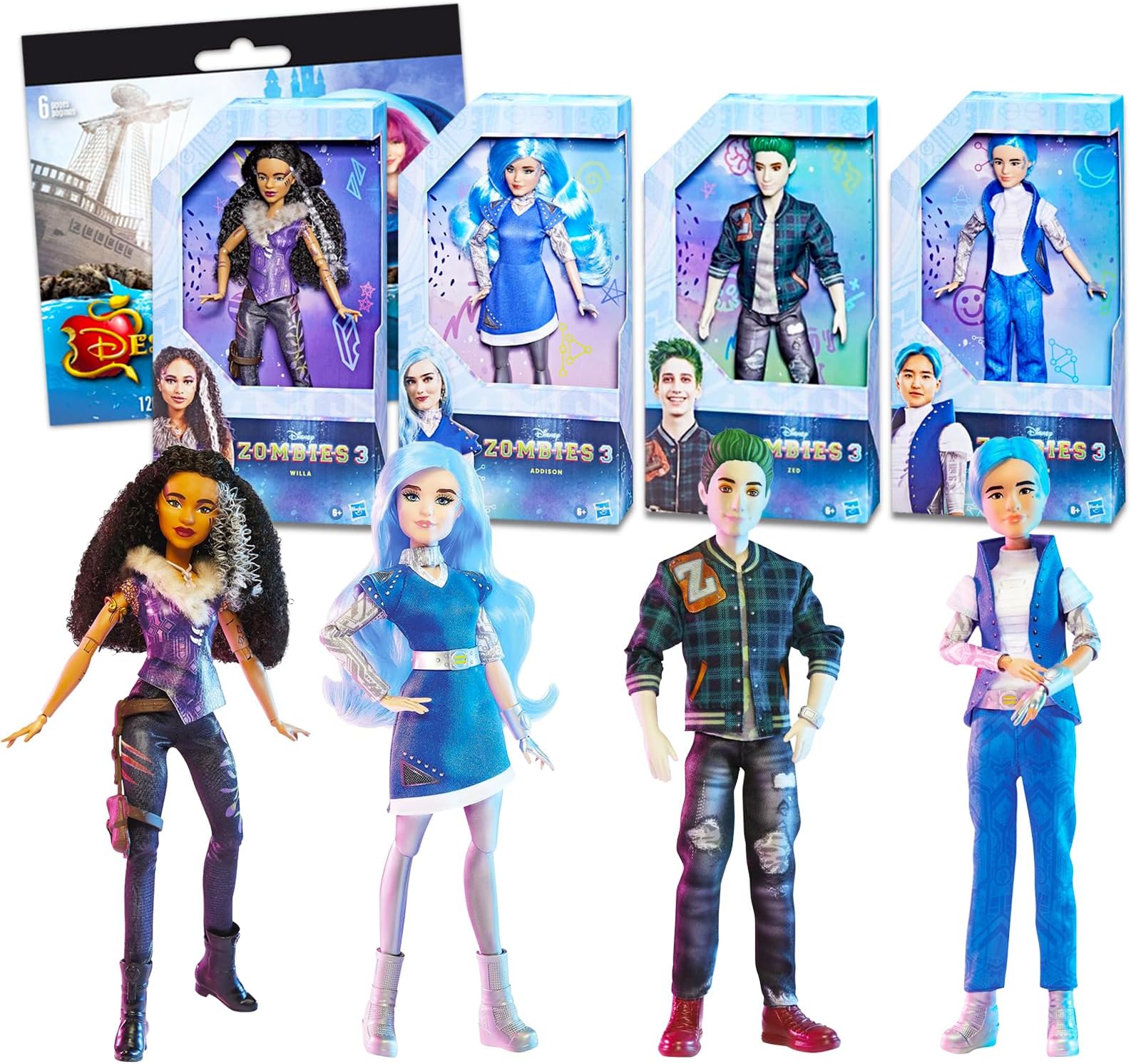 Disney Zombies Dolls Set - Bundle with 4 Disney Zombies 3 Dolls Featuring Zed, Addison, A-spen, and Willa Plus Stickers | Disney Zombies Toys