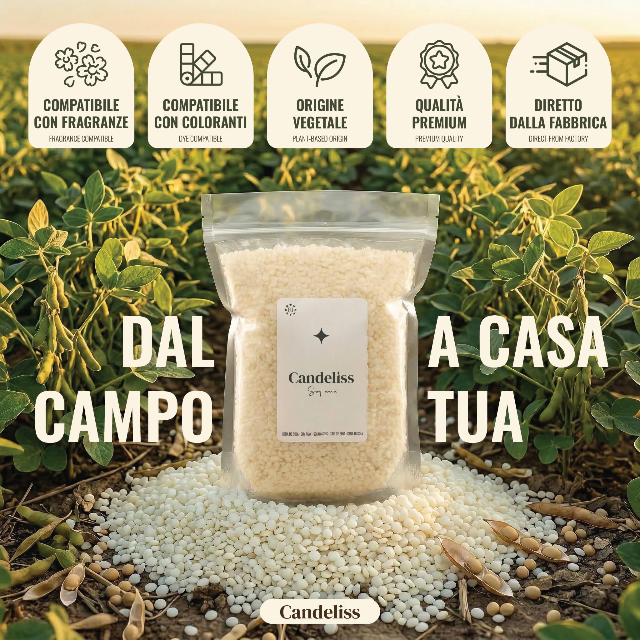 CANDELISS Cera di soia per Candele in Vaso 2kg. Cera Naturale vegetale per Candele con Punto di Fusione Basso per Creare Candele Fatte in casa Soy Wax for Candle Making (2kg)