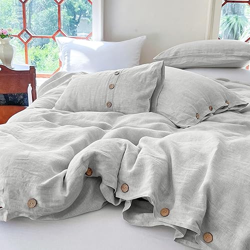 Miniatura 6 de Simple&Opulence - Juego de funda de edredón 100 % lino, 3 piezas con cierre de botón de coco, de lino francés lavado, color liso, suave,