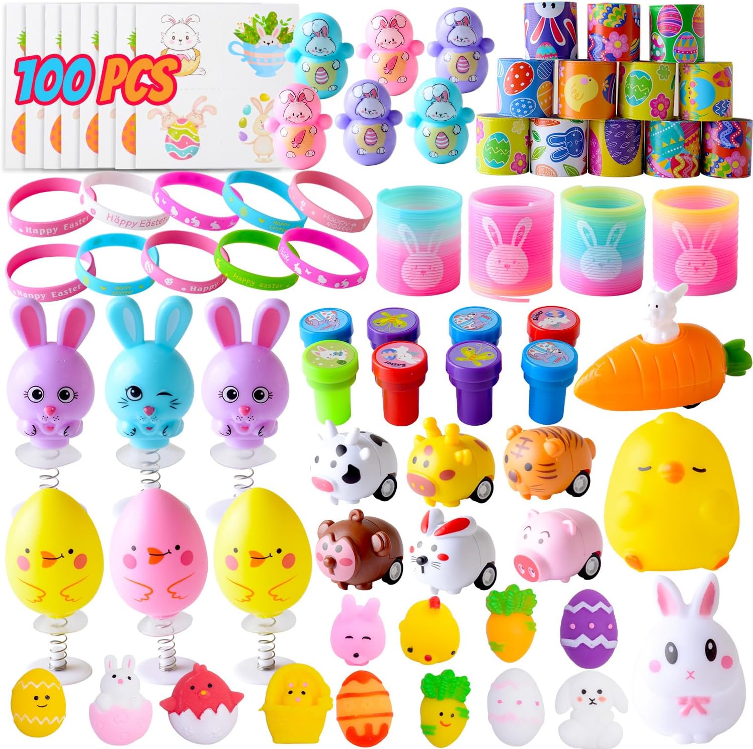 WOONOO 100PCS Easter Egg Fillers Basket Stuffers for Kids Boys Girls, Assortment Toys Bulk for Party Favors, Easter Gifts for Kids Egg Hunt Goodie Bags Stuffers Classroom Prize