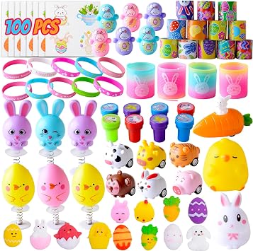 WOONOO 100PCS Easter Egg Fillers Basket Stuffers for Kids Boys Girls, Assortment Toys Bulk for Party Favors, Easter Gifts for Kids Egg Hunt Goodie Bags Stuffers Classroom Prize