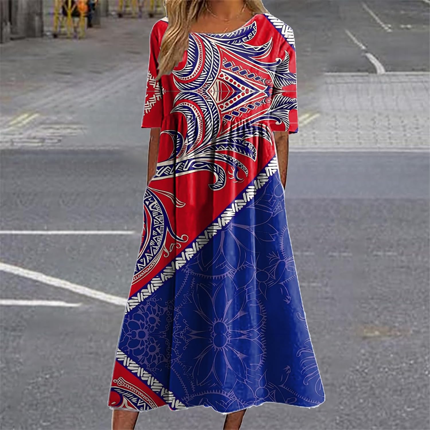 Boho Dresses for Women 2025 Floral Hawaiian Casual Summer Empire Waist Short Sleeve Crewneck A Line Maxi Dress - Image 2