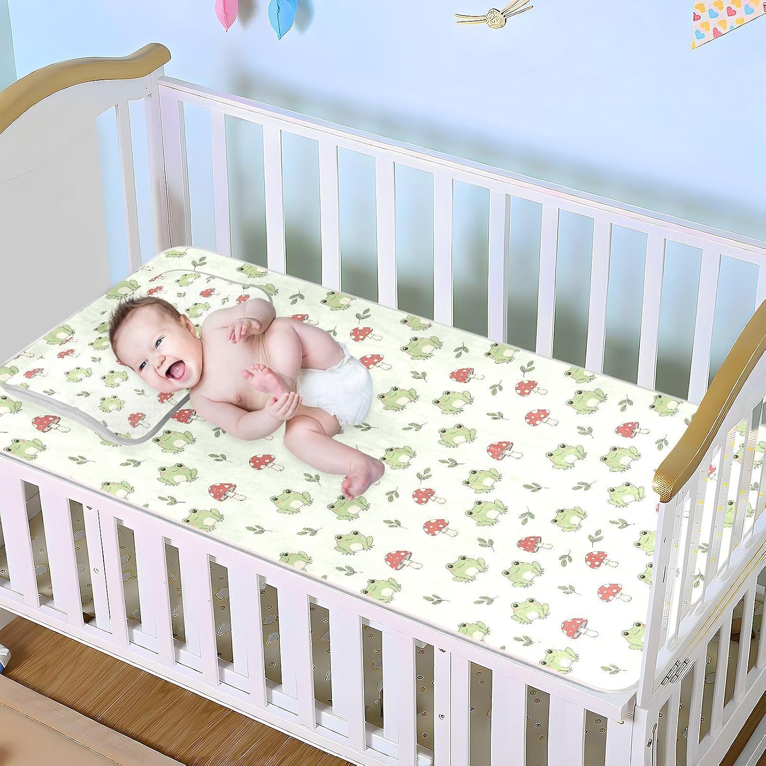 Baby Cooling Mat Frogs Mushrooms Ice Silk Breathable Mesh Summer Crib Mattress Pad with Pillowcase, Soft Cooling Sleeping Surface for Infant & Toddler, 52"x28"