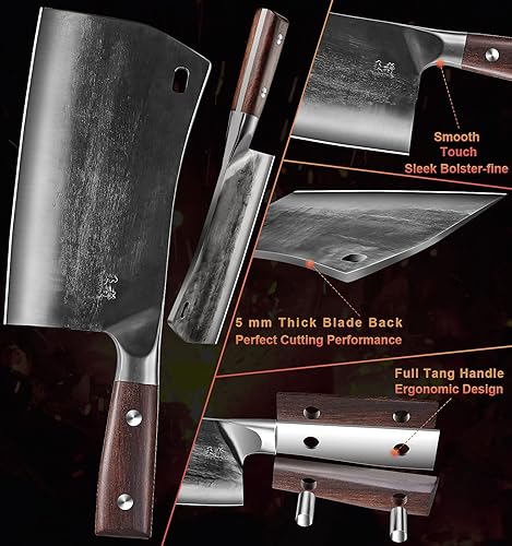 Miniatura 31 de ENOKING Cuchillo de carnicero para cortar carne, cuchillo de carnicero forjado a mano de 6.6 pulgadas, cortador de huesos resistente, cuchillo