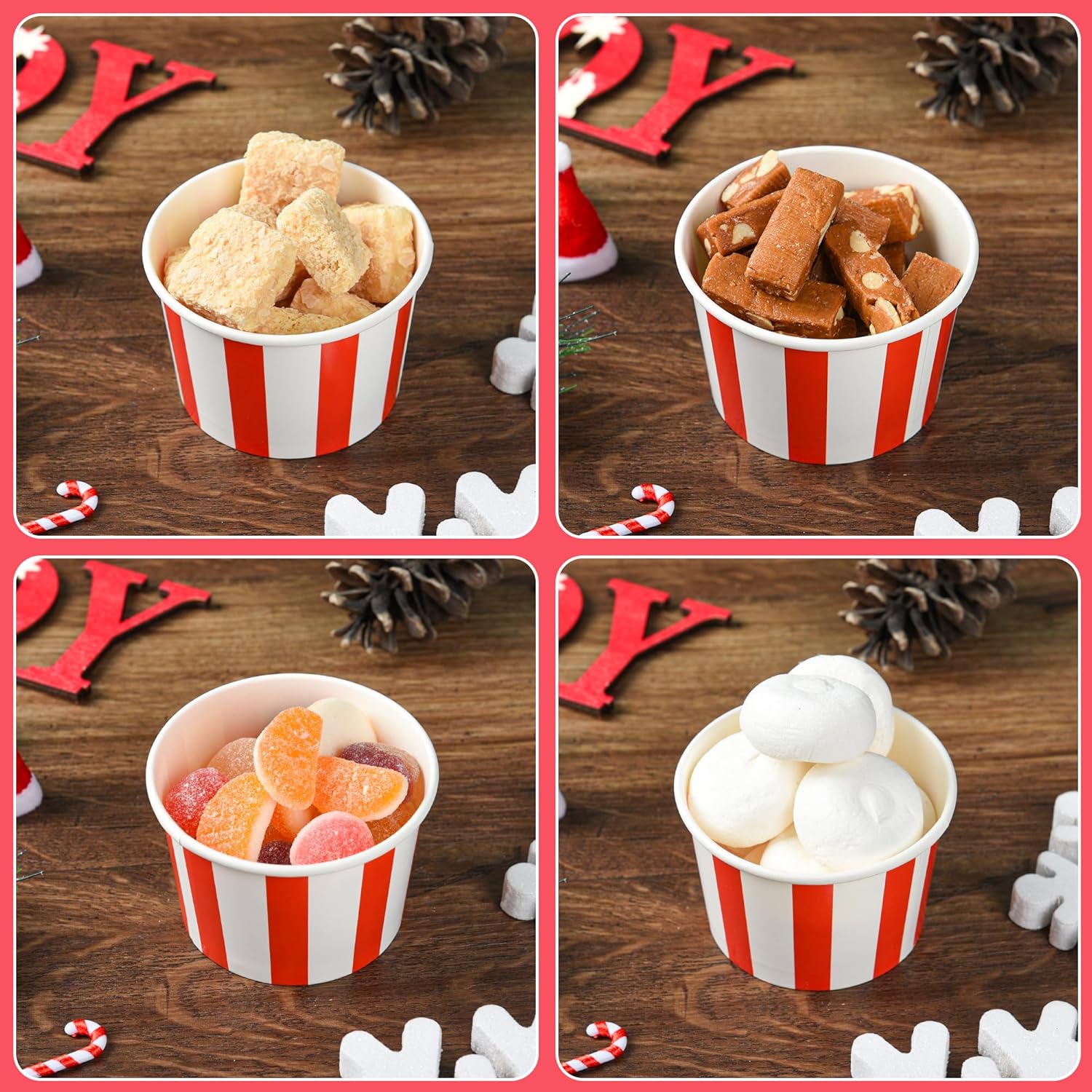 50 Red White Ice Cream Cups 9 Oz.Disposable Snack Treat Bowls Ice Cream Sundae Cups Circus Carnival Paper Dessert Containers for Hot or Cold Soup Yogurt Halloween Party Supplies (Pack of 2)